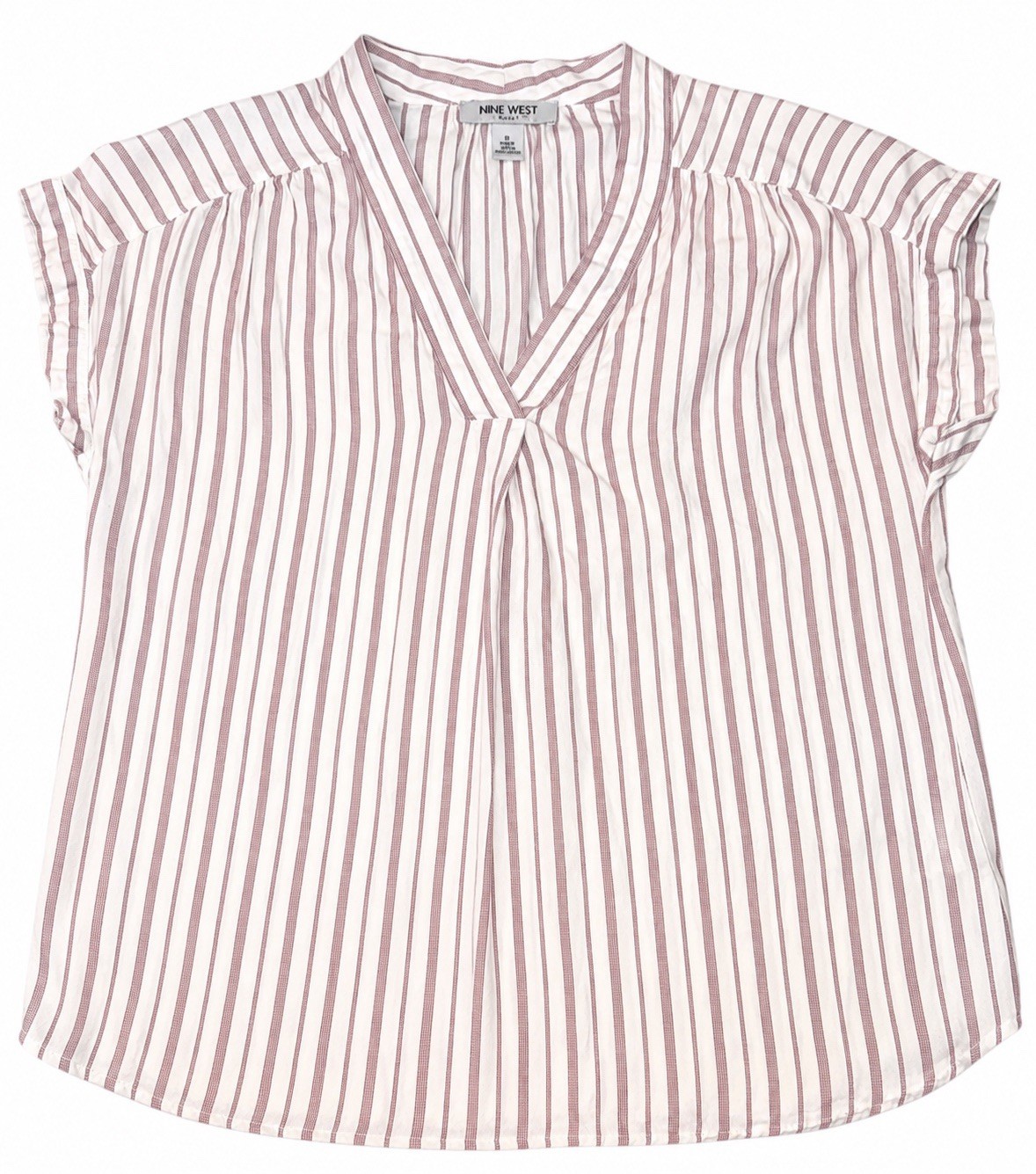 Nine West Jeans Small White Burgundy Stripe V-Neck Blouse Short Sleeve Top