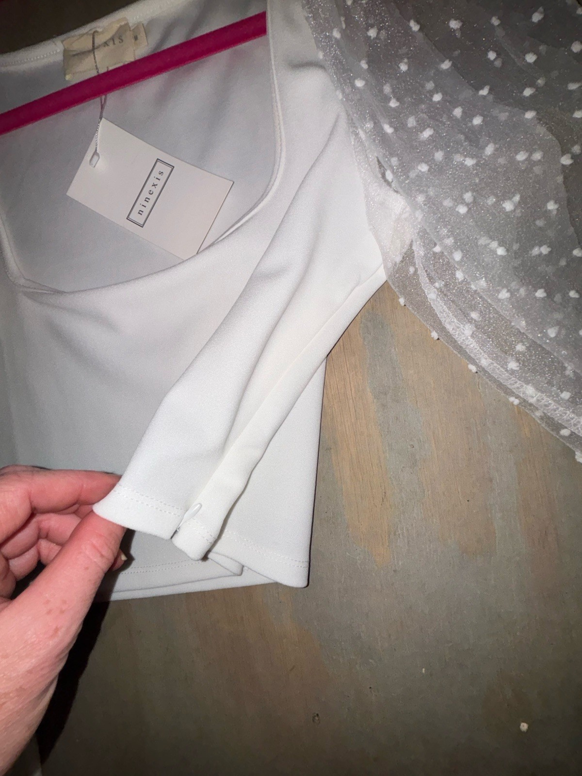 NineXis White Cropped Square Neck Sheer Mesh Polka Dot Long Sleeve Top M NWT