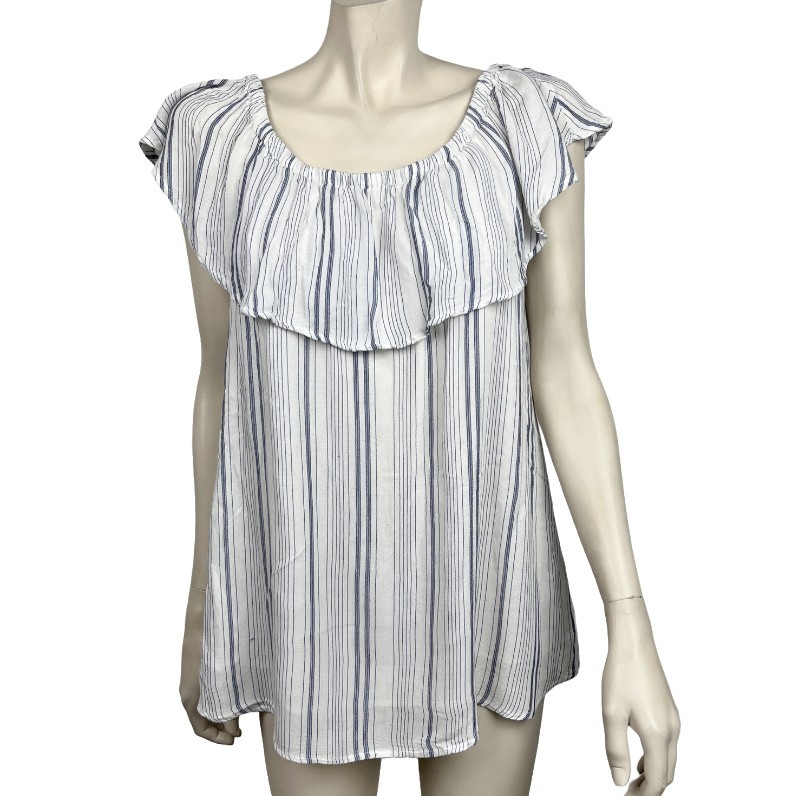Luxe Denim Essentials LED Medium Maternity Blouse Blue Striped Off Shoulder