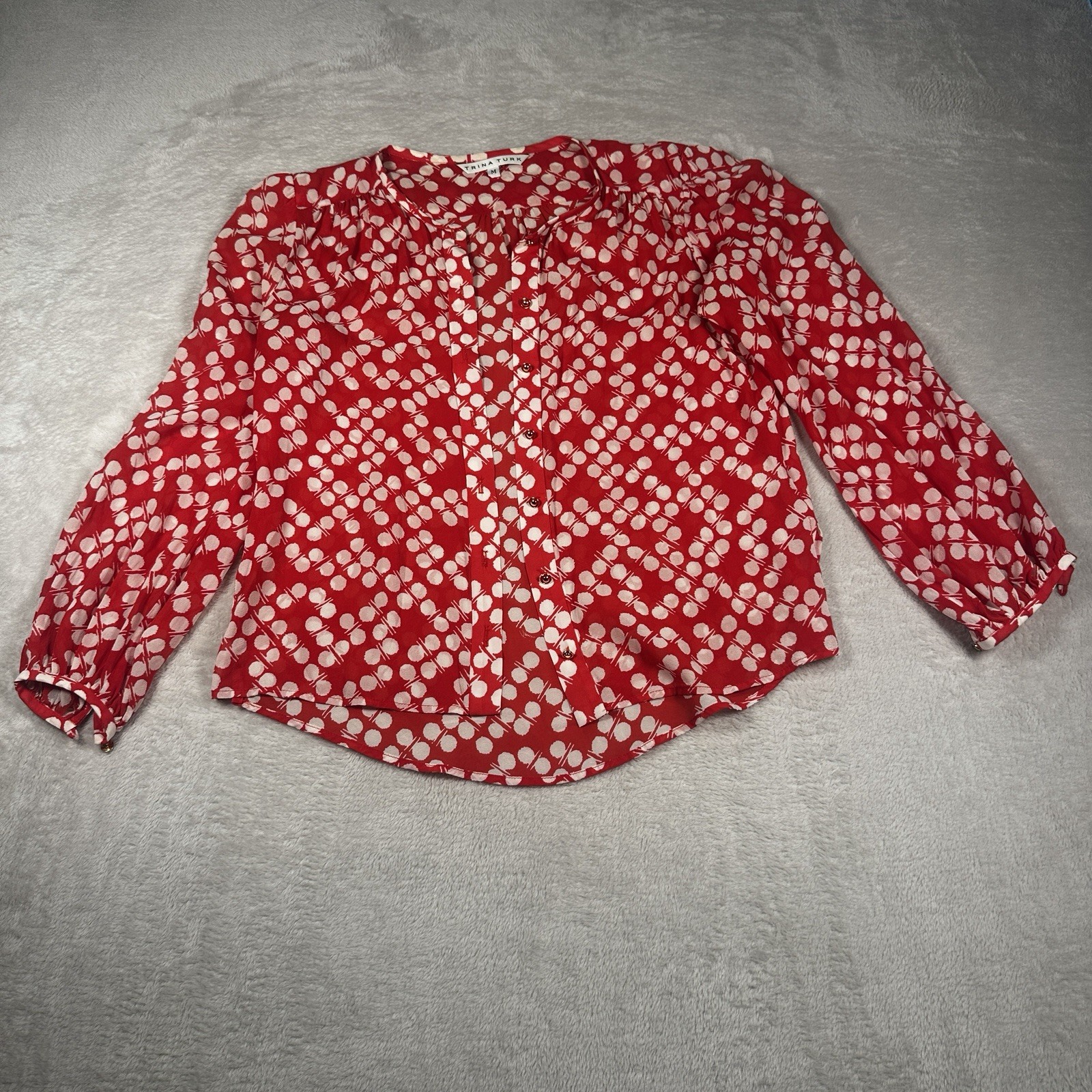 Trina Turk M 93% Silk Blouse Red Pink Print Button Front Career Luxury Top