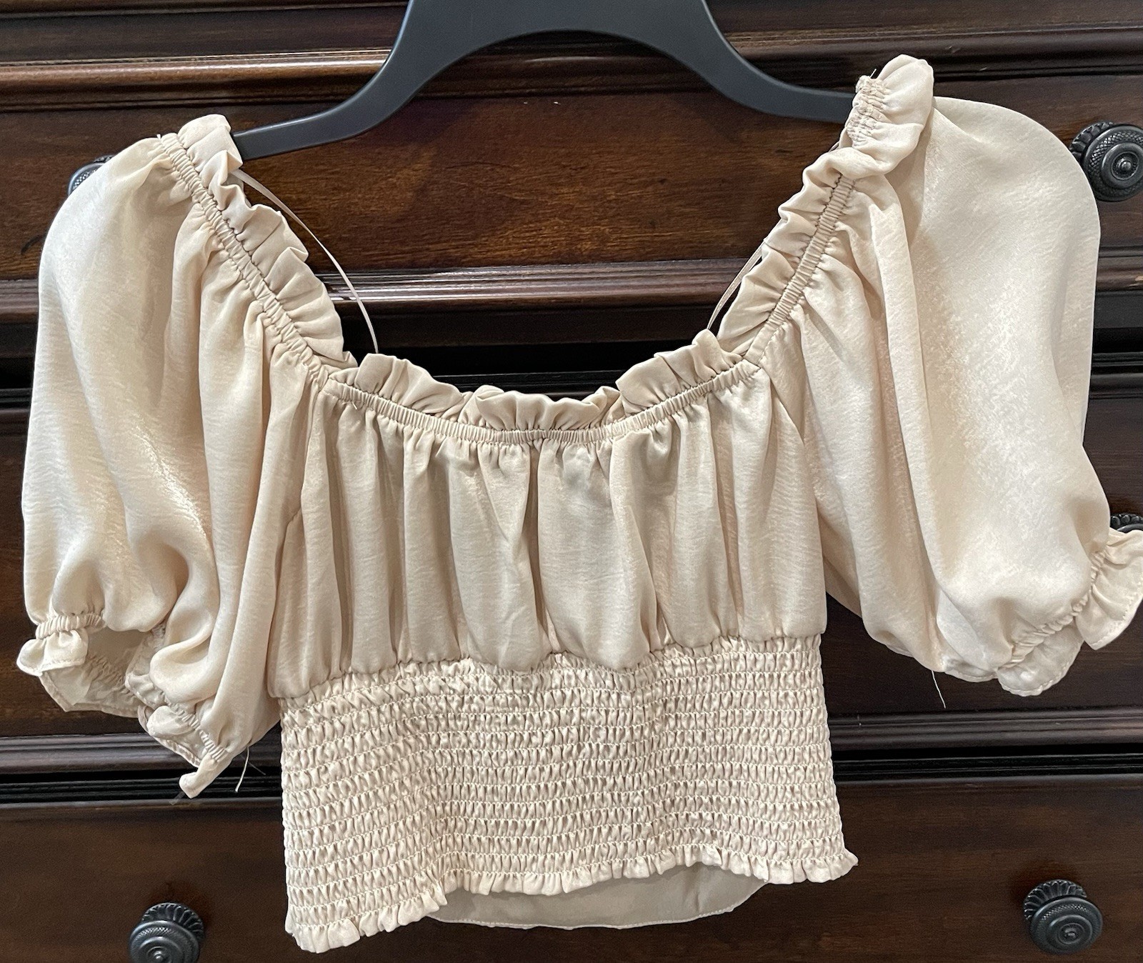Lily White Women’s Beige Puff Sleeve Corset Peasant Crop Top Tie Front Small NWT