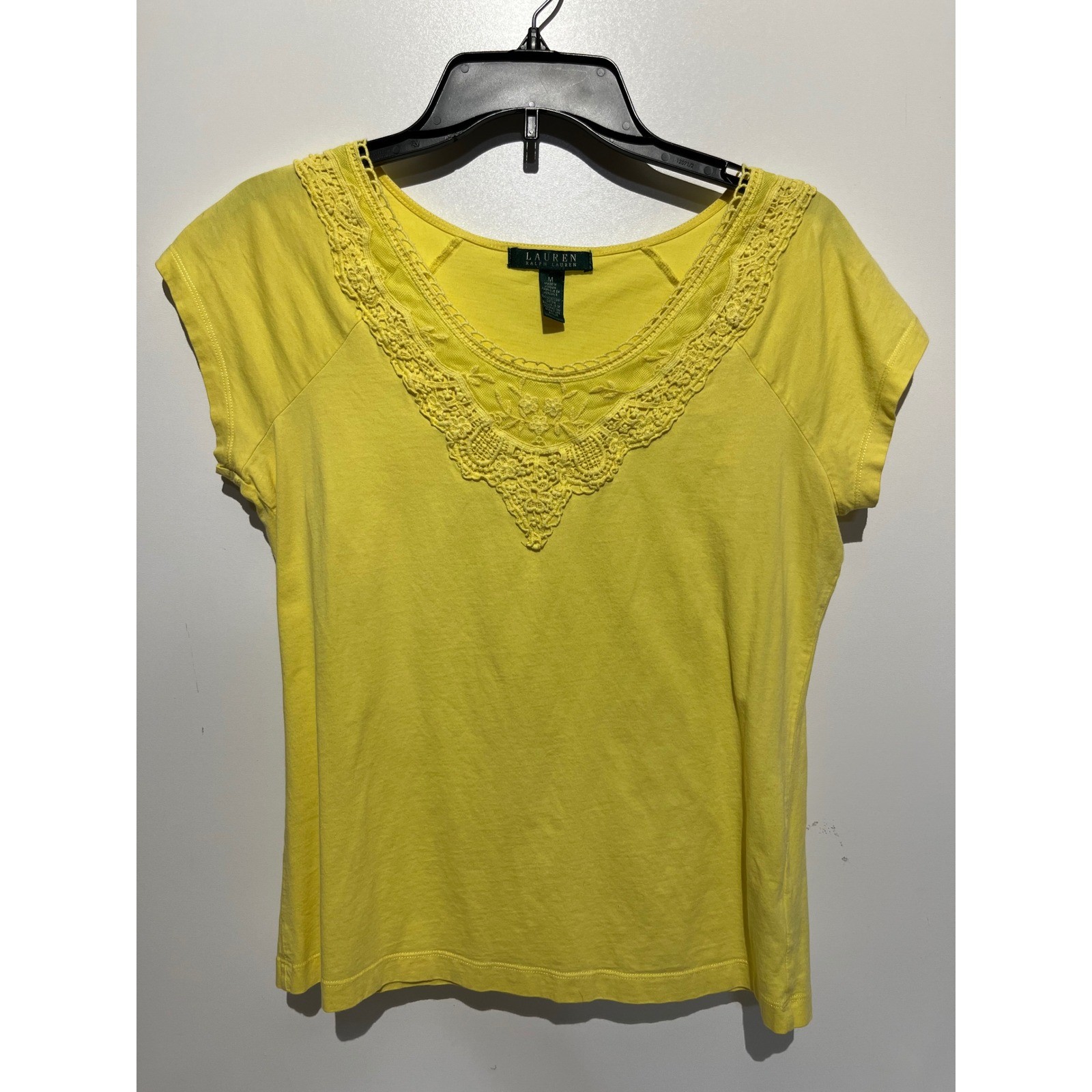 Lauren Ralph Lauren Womens Yellow Crochet Lace V-Neck Cotton Top Size M