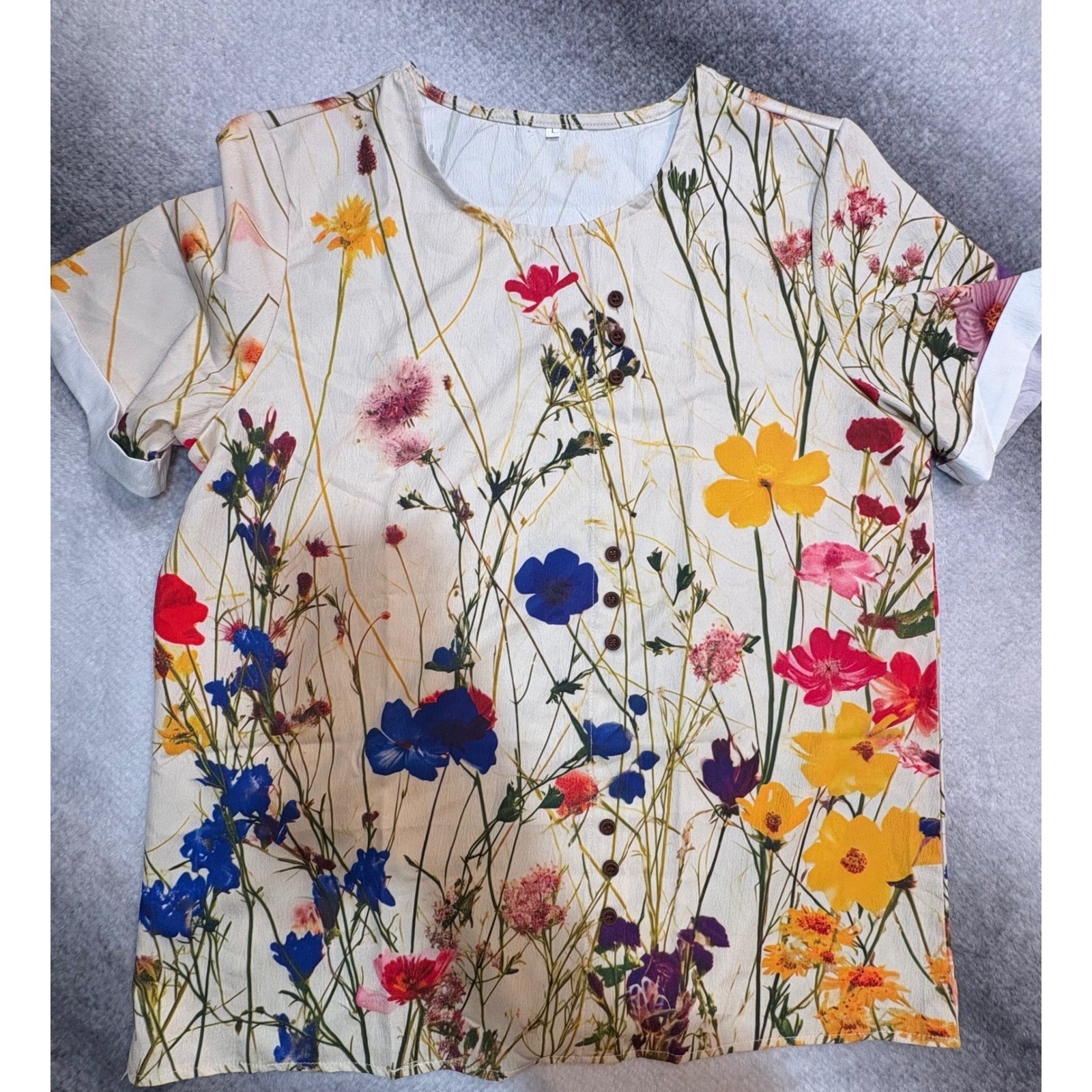 (A4) Floral Wildflower Print Short Sleeve Blouse Cream Botanical Button Top L