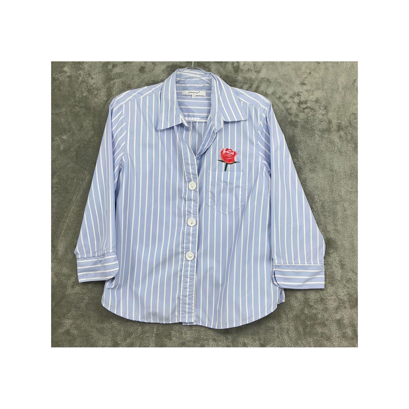Foxcroft Blouse Womens 14 Petite Striped Button Front Rose Embroidered Nautical