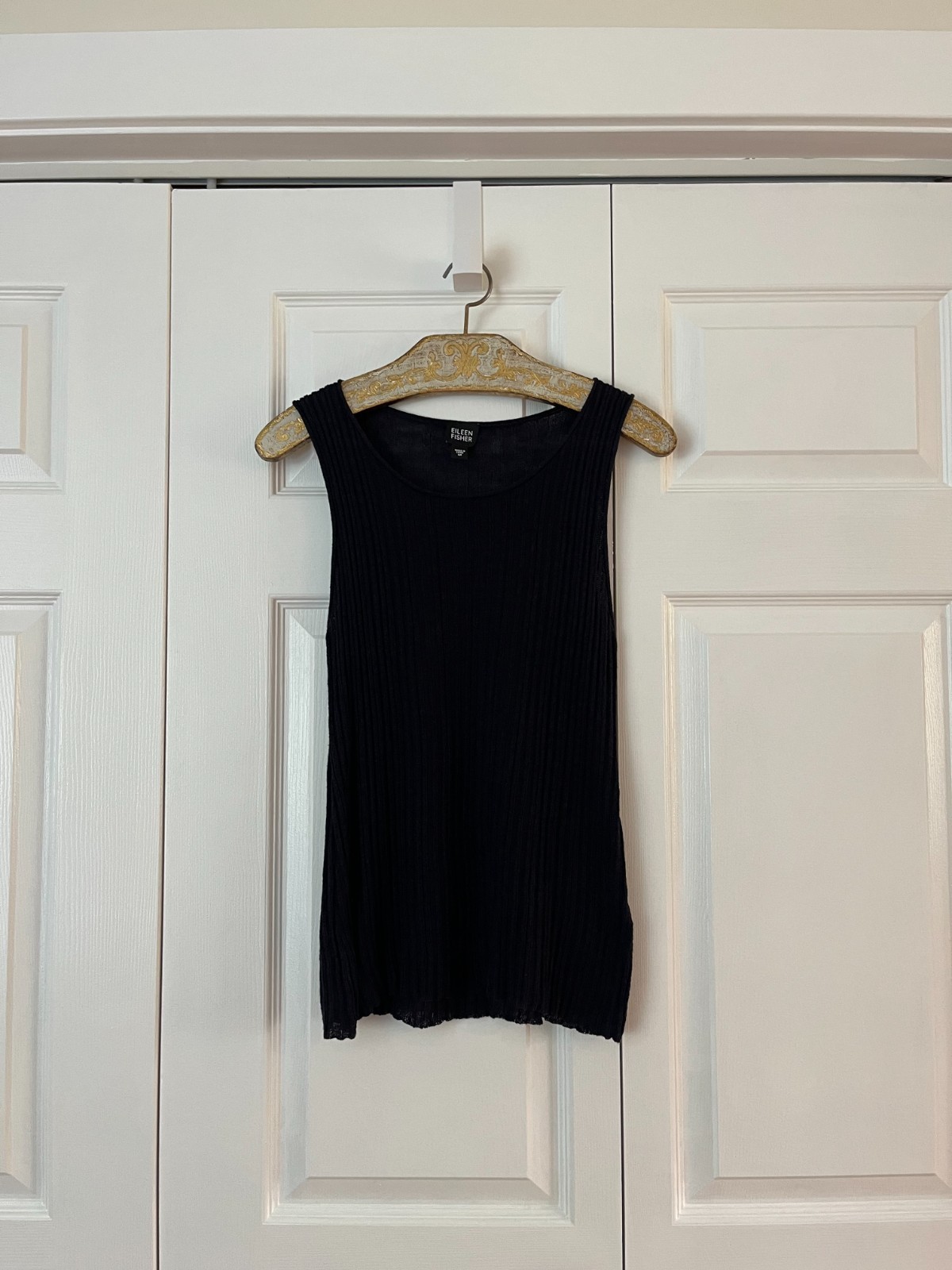 EILEEN FISHER Midnight Blue Ribbed Linen Sleeveless Tunic Tank Top Size M