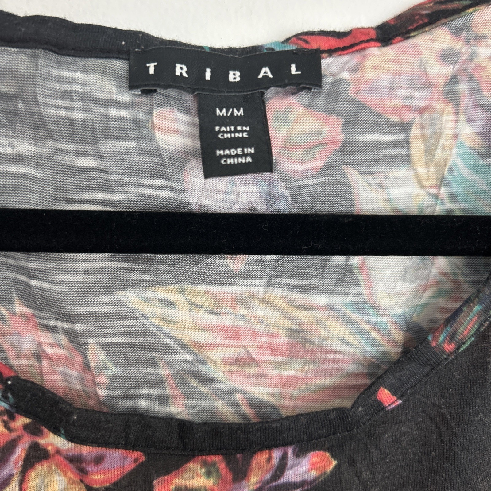 Tribal Women’s Medium 3/4 Puff Sleeve Black Floral Multicolor Pullover Comfy￼