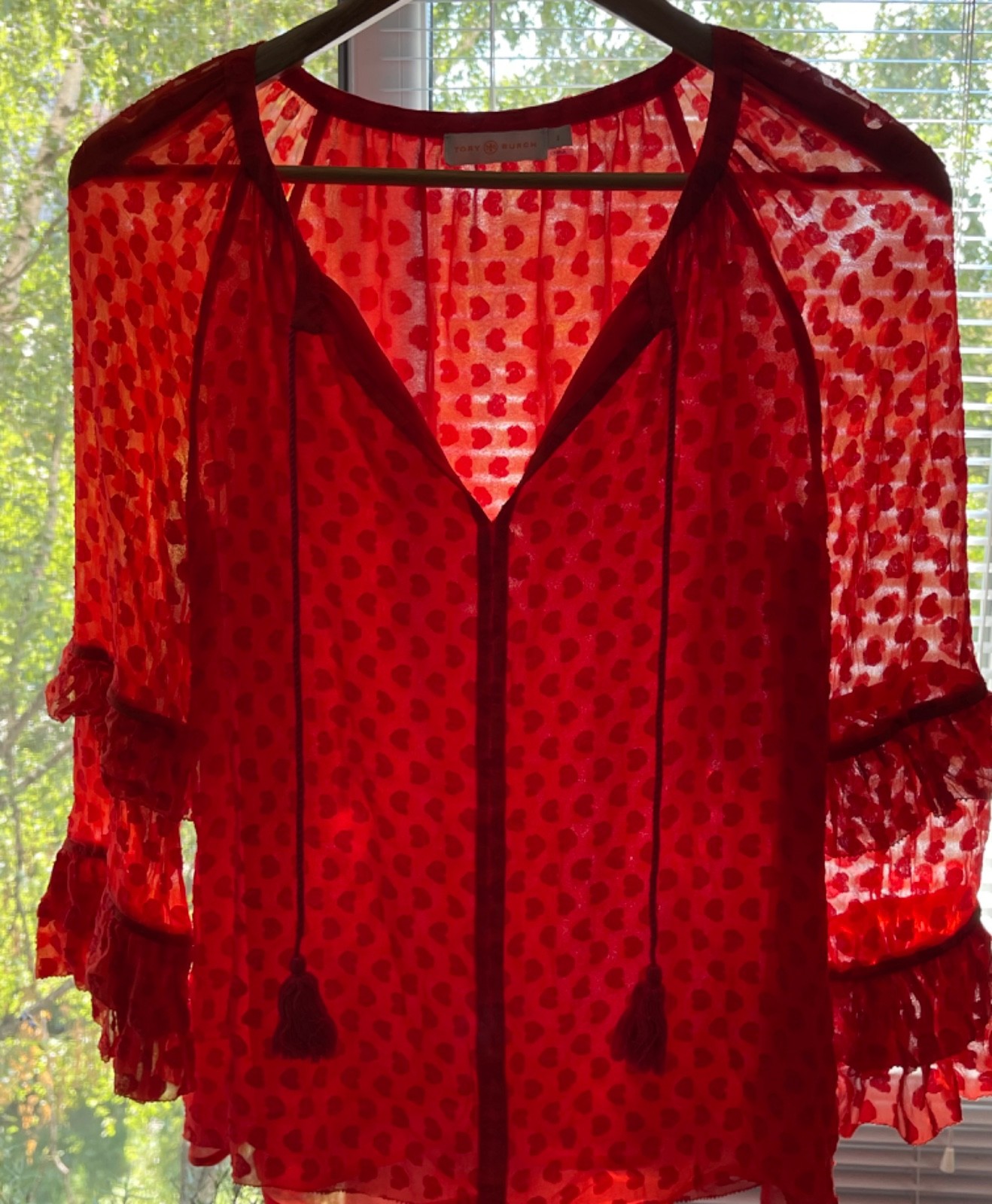 Tory Burch Leopard Jacquard Silk Blouse red Orange Tassel Ruffle 3/4 Sz 2 XS – S