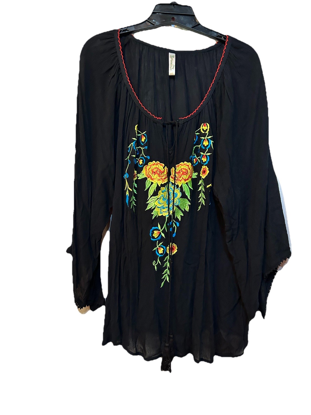 Shoreline Black Floral Embroidered Boho/Peasant Top Flare Sleeves Women’s Sz 2XL