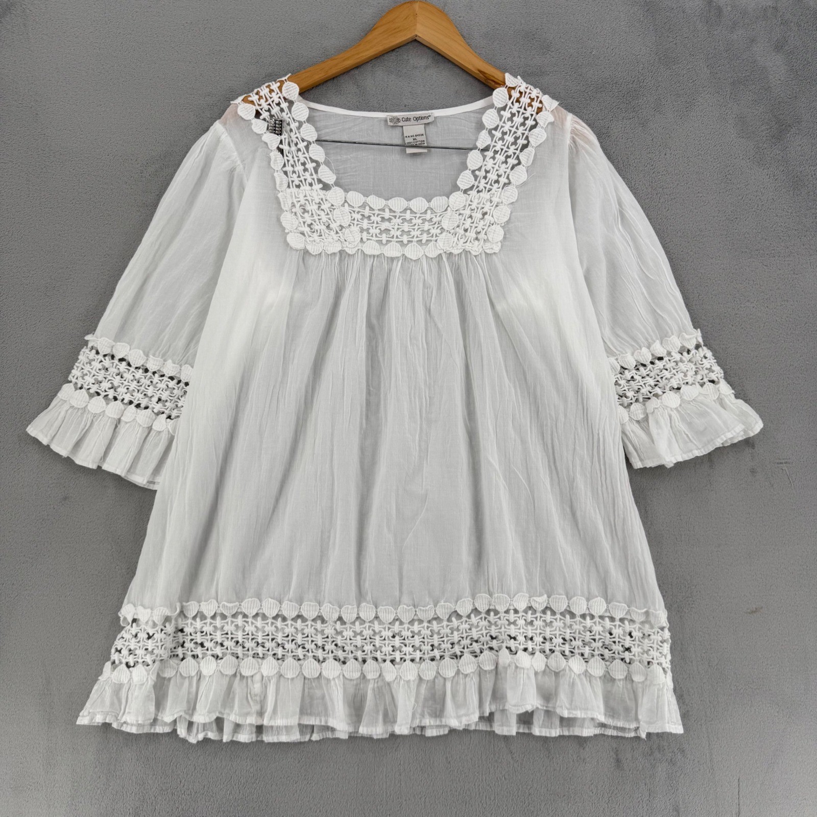 Cute Options White Cotton Gauze Crochet Tunic Blouse Womens XL Boho Cottagecore