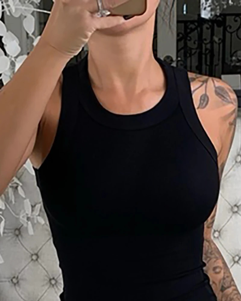 Mujer Top Sin Mangas Acanalado Liso Cuello Redondo Elástico Verano Básico