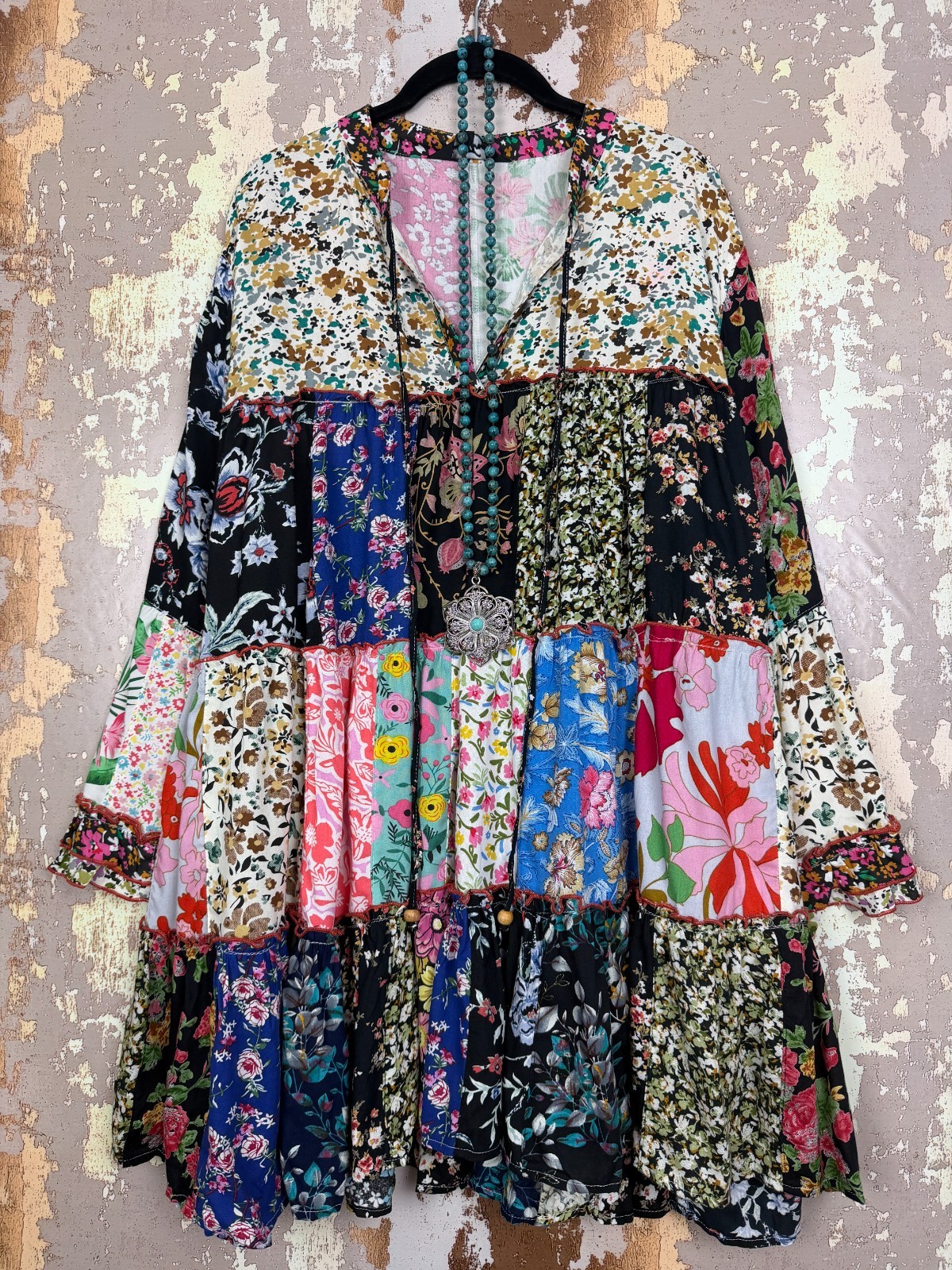PLUS Size Boho Vintage Patchwork Block Floral Tiered Ruffle TUNIC TOP