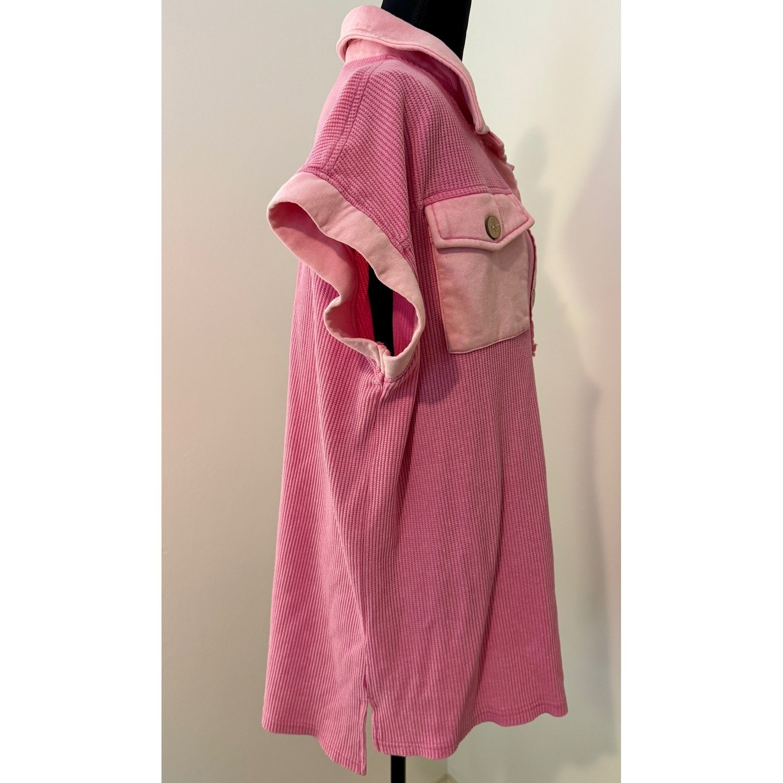 Oddi Pink Waffle Knit Short Sleeve Henley Top Oversized 2XL IT14757P