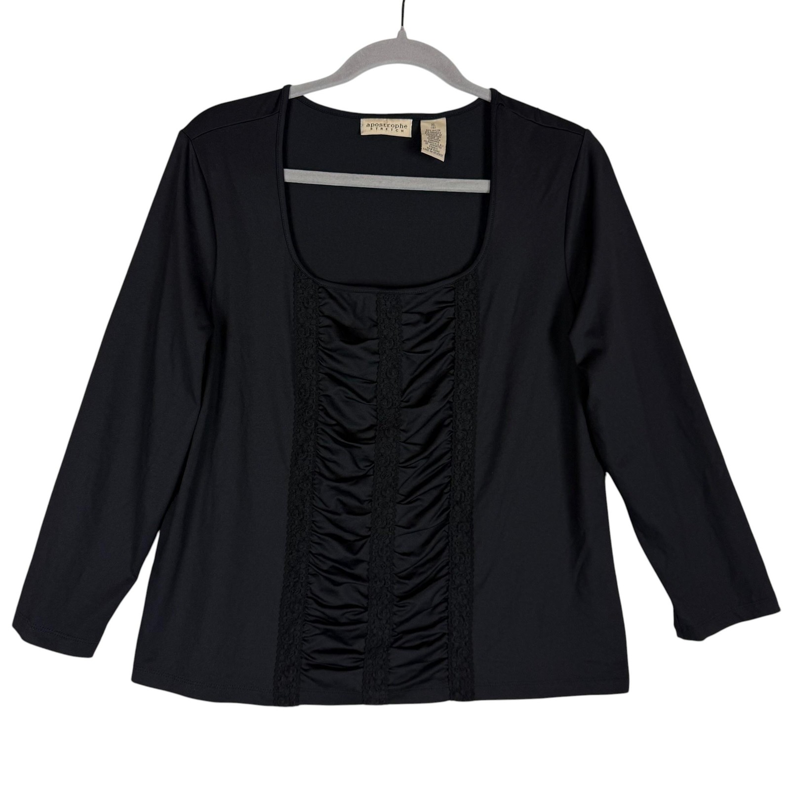 Apostrophe Blouse Womens XL Black Ruched Lace Square Neck Long Sleeve Stretch