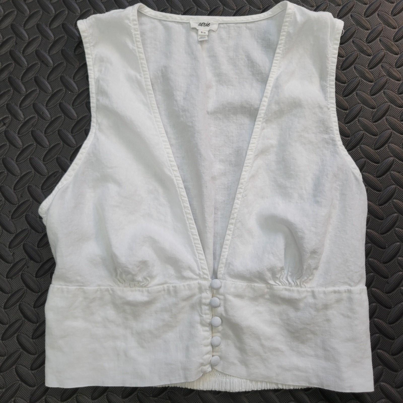 Aerie Linen Blend Button up Smocked Crop Top Vacation Beach Resortwear Summer