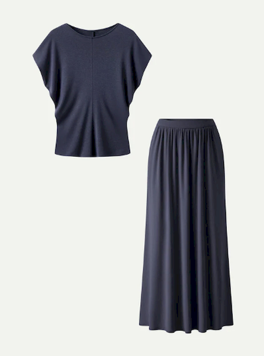 OGL 2Pcs Set Round Neck Top & A-Line Maxi Skirt