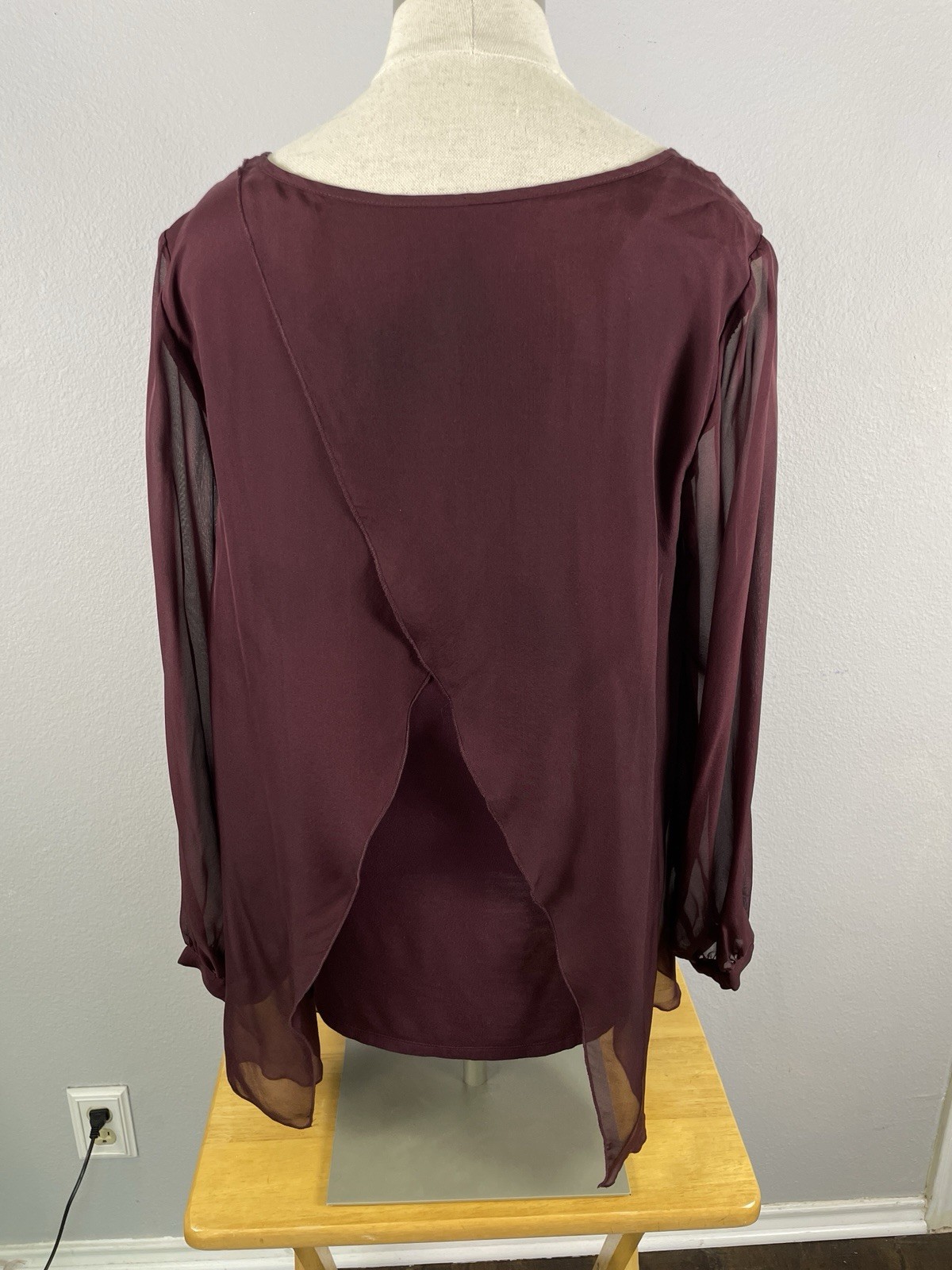 Soft Surroundings Silk Sheer Layer w/ Lining Burgundy Long Sleeve Top Size Large