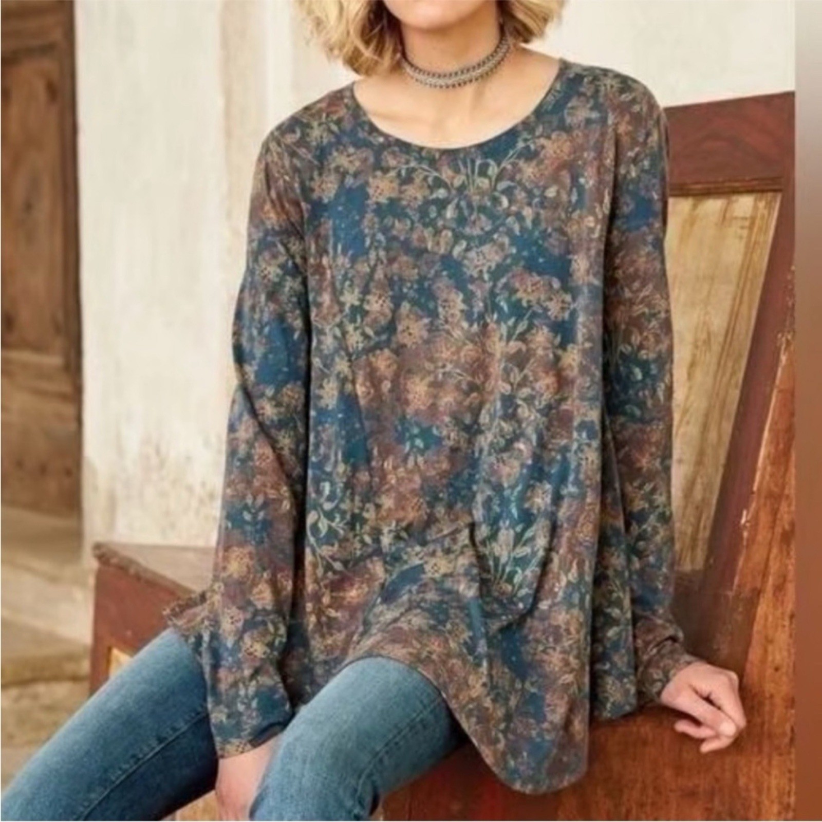Peruvian Connection Twilight Meadow Tunic Top Size S/M Blue Floral Pima Modal
