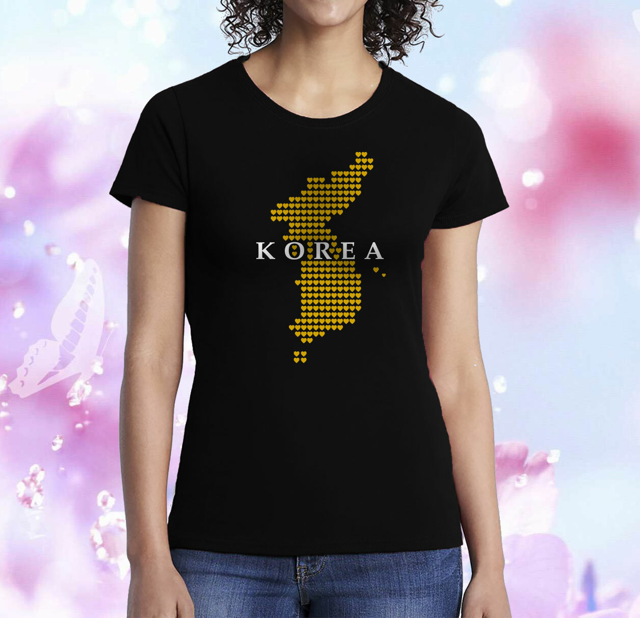 Korea Heart Map Korean Love Women Lady’s Black T-shirt 100% Cotton Tee