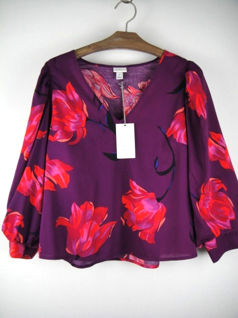 A New Day Size Small Purple Floral Cropped V Neck Poet Sleeve Rayon Blend Blouse