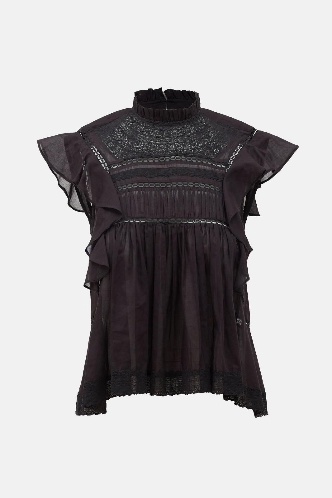 Isabel Marant Etoile Vivia Top Black Mock Neck Lace Trim Ruffle Embroid Womens S