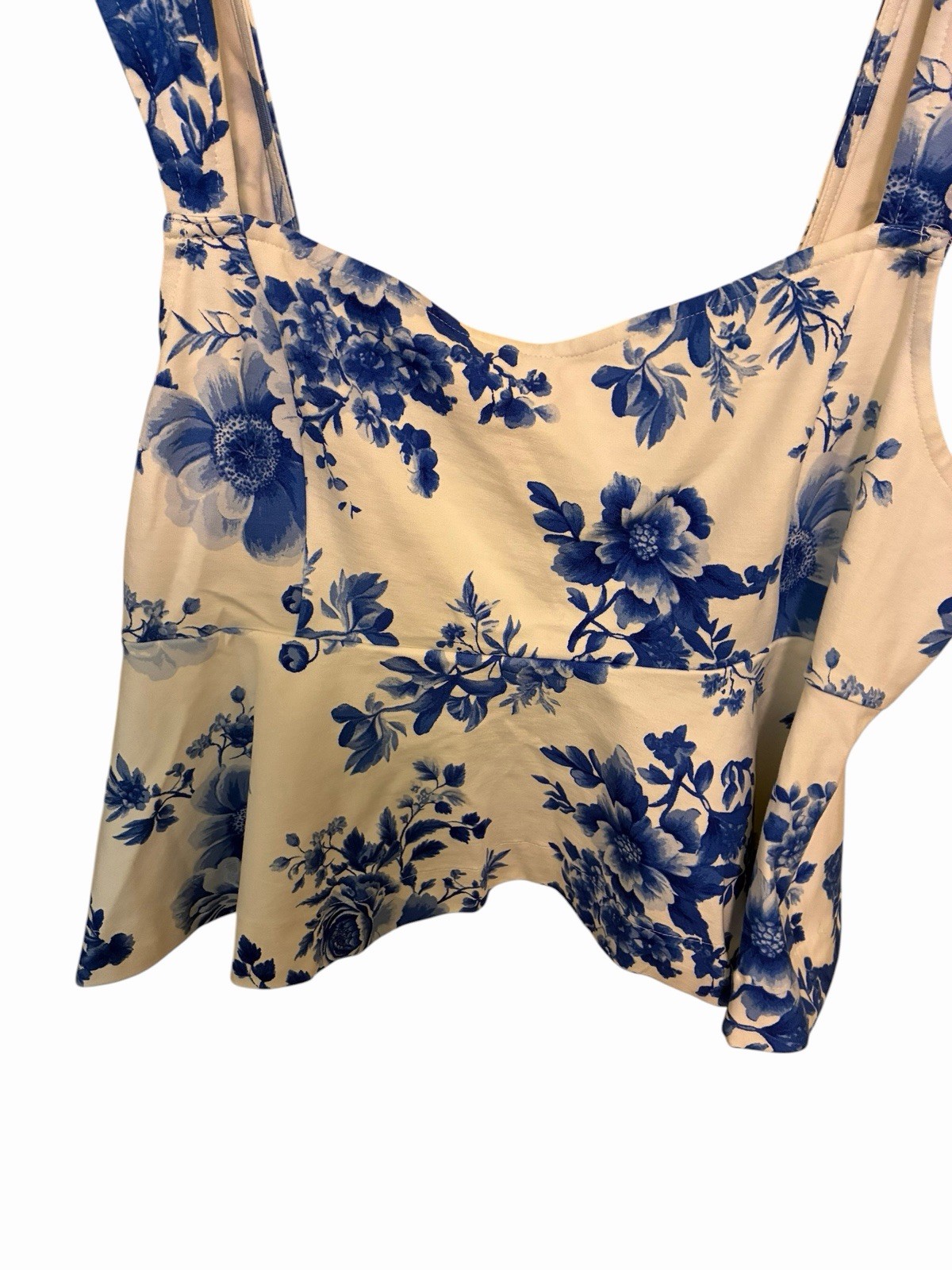 Anthropologie Maeve size XL square neck peplum top blue & white floral toile