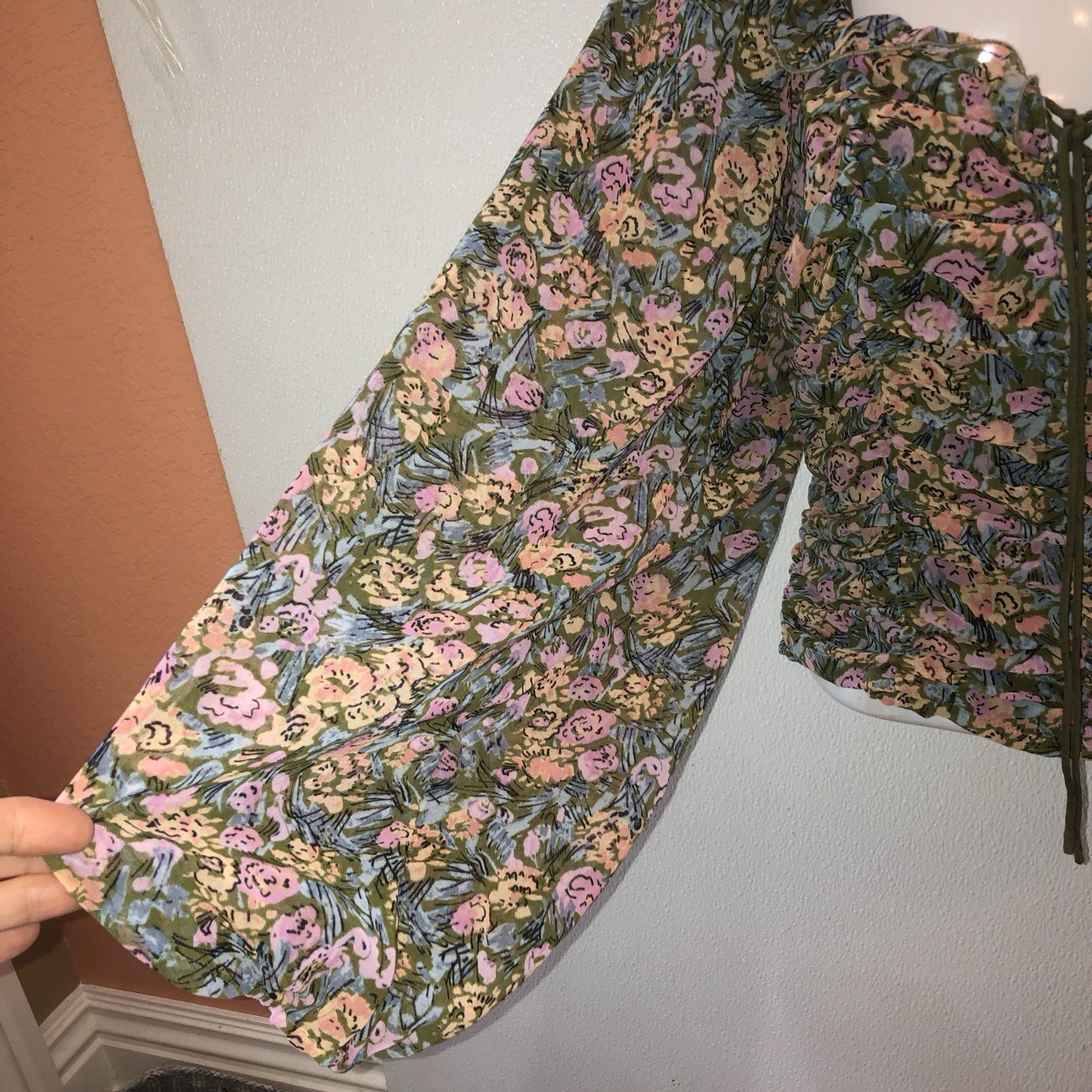 Free People Women Small Mabel Print Blouse Garden Combo Balloon Sleeve Smocked S