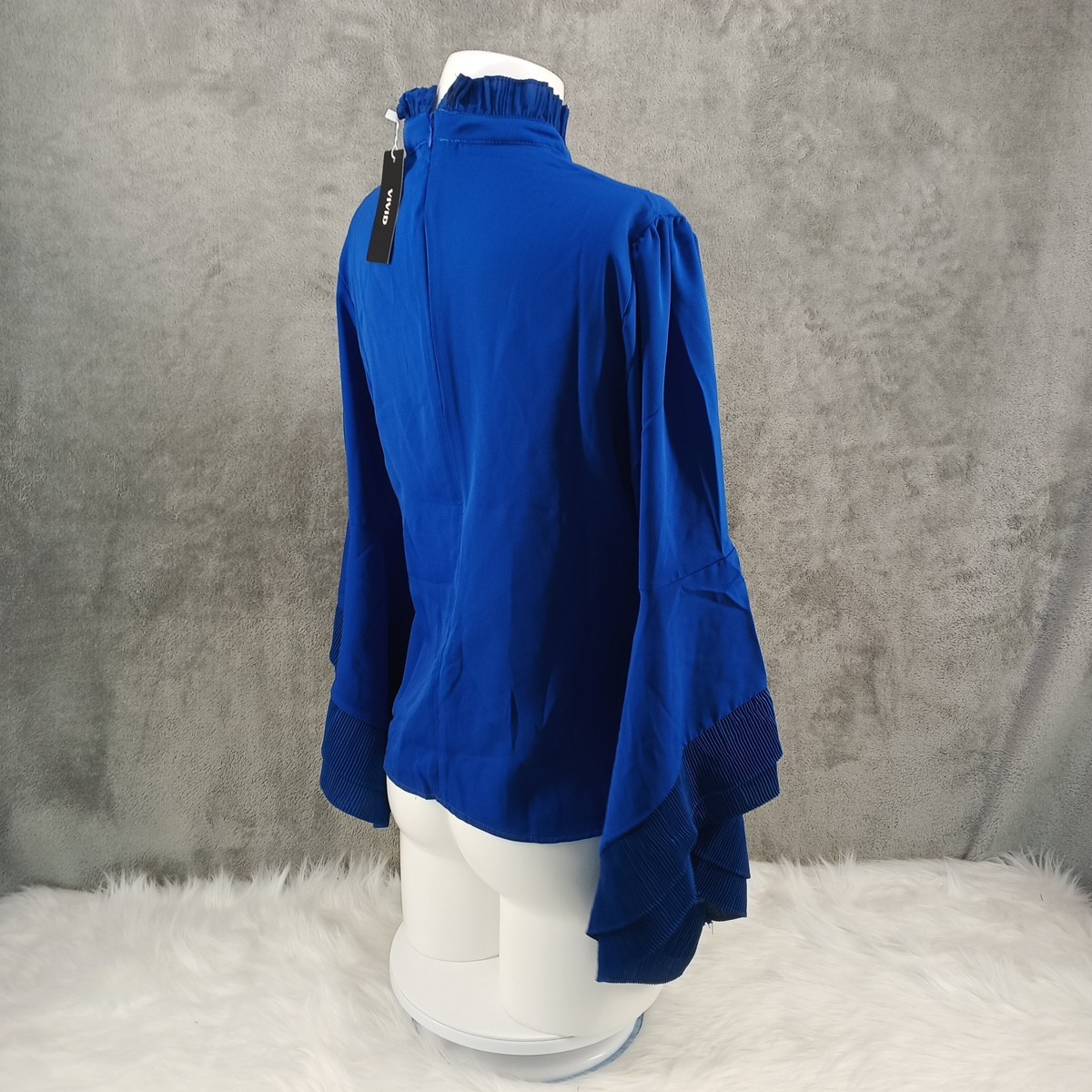 NWT VIVID Women Blouse MEDIUM(8-10) Flared Sleeves Back Zip Blue Woven Mock Neck