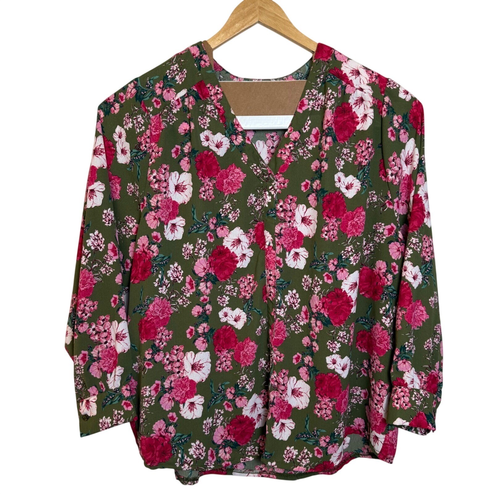Jolie & Joy Womens 3X Floral Tunic Blouse Olive Green Pink V Neck Long Sleeve