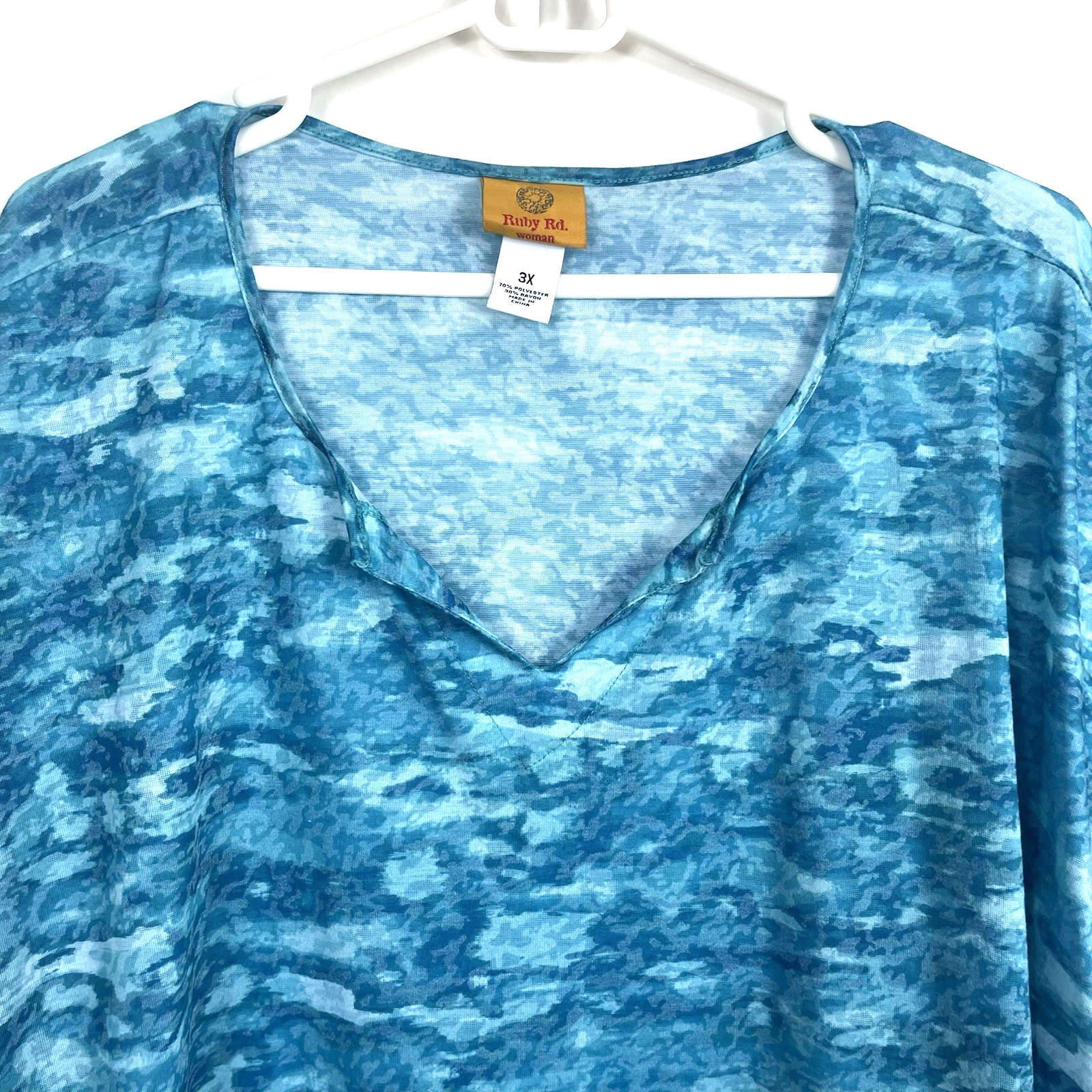 Ruby Rd Women’s Round Split Neck Turquoise Blue Ruffle Short Cap Sleeve Size 3X