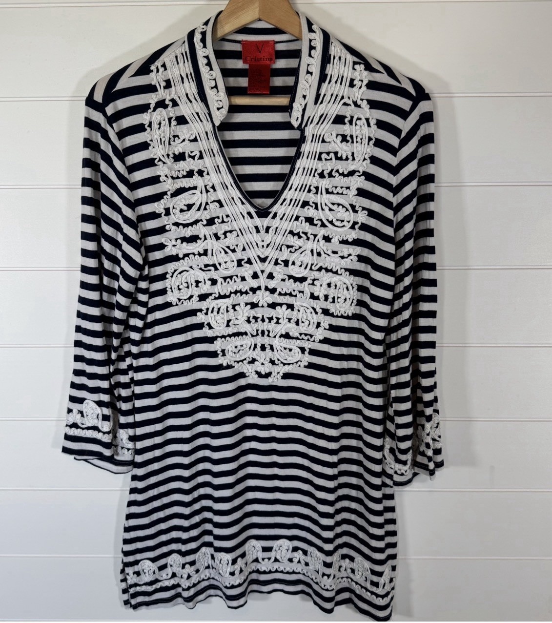 V Cristina Women’s Large Navy White Striped Embroidered Tunic Top