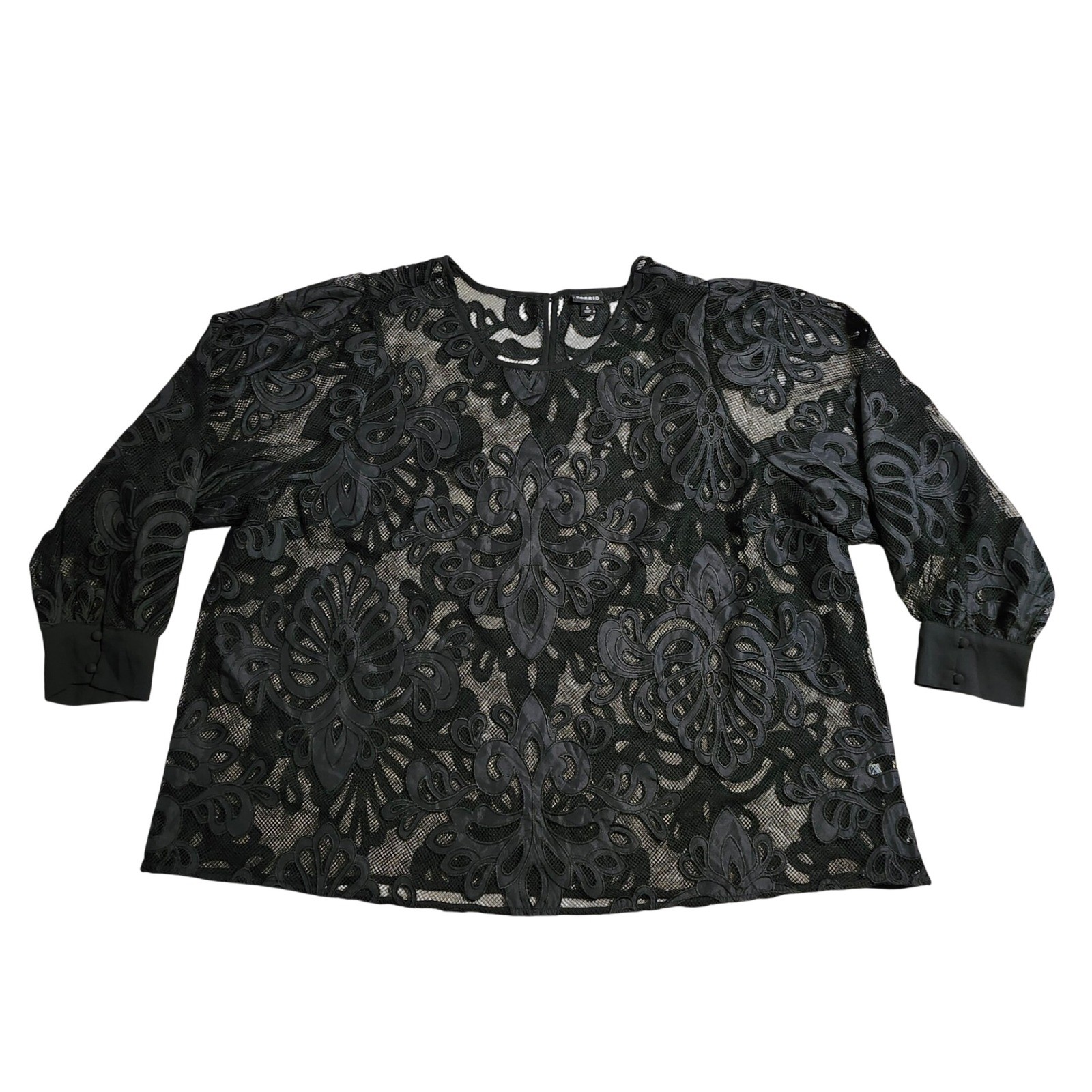 Torrid Black Mesh Lace Embroidered Applique Blouse 3/4 Sleeve Plus Size 4 4X