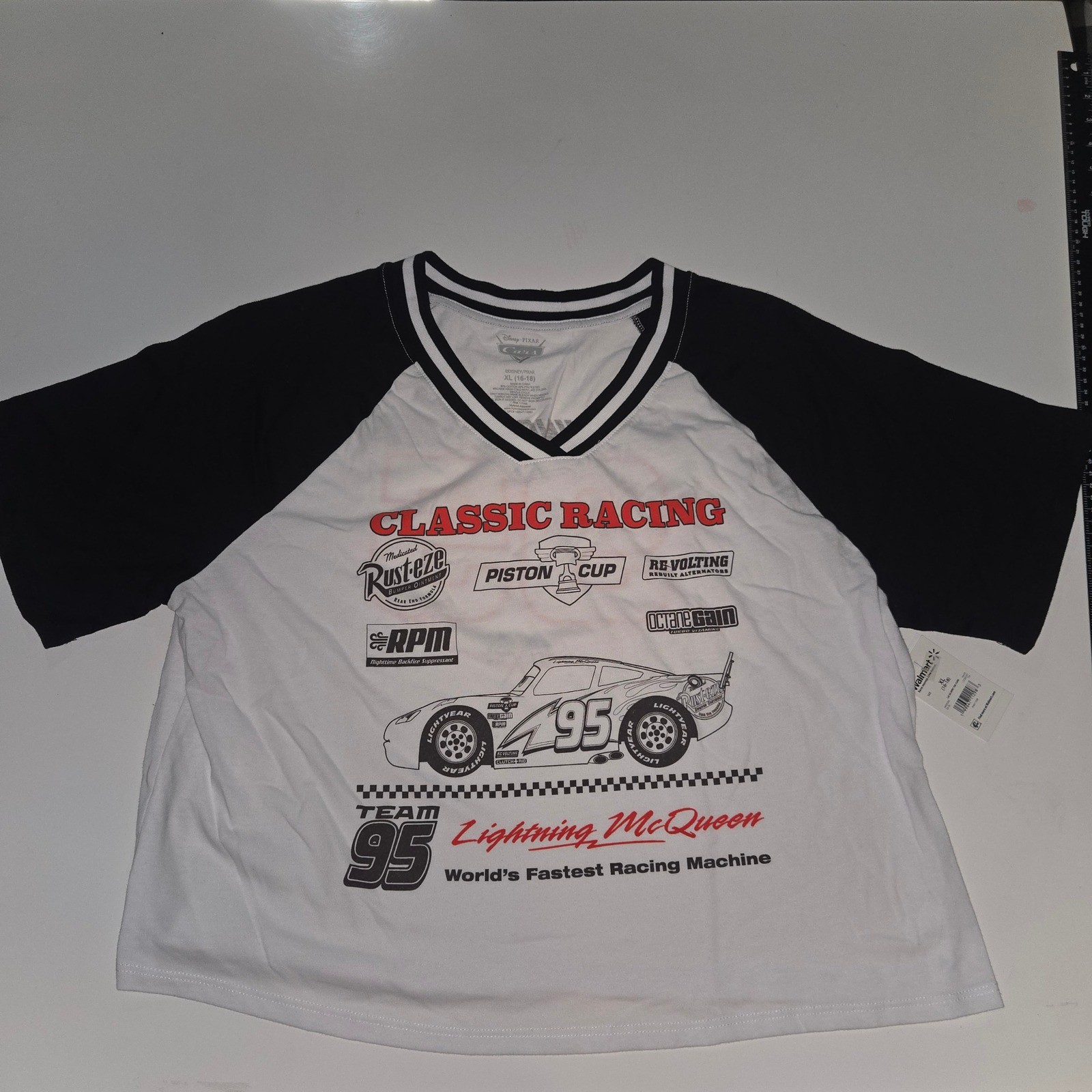 Disney Pixar Cars Lightning McQueen Graphic Jersey Tee XL 16-18 White Black NWT