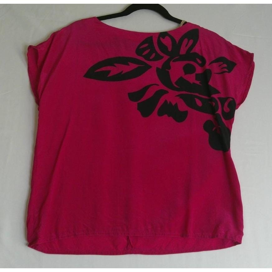Nilani Womens 11/12 Blouse Pink Black Floral 100% Silk Short Sleeve Top Resort