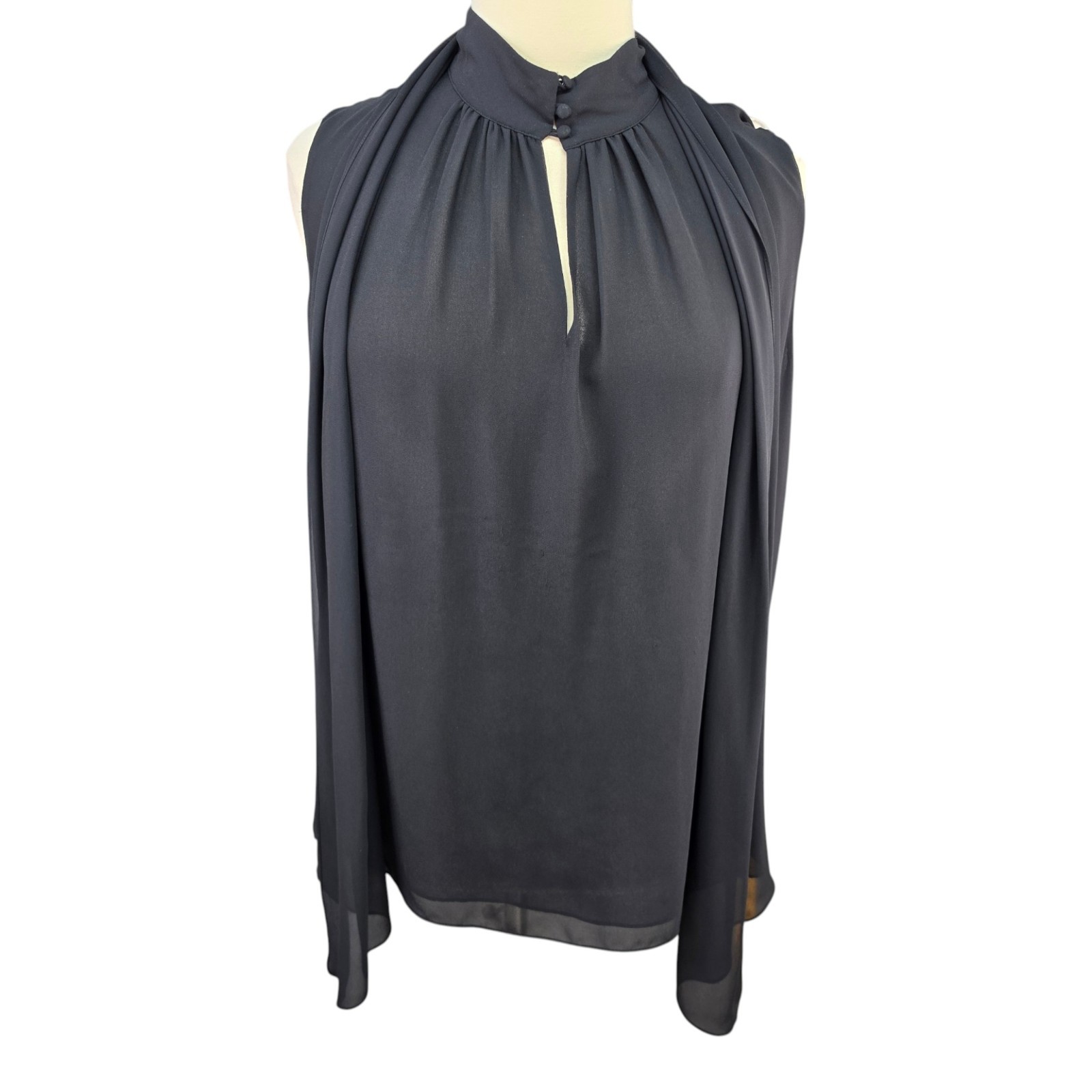 Vince Camuto Black Chiffon Sleeveless Tie Neck Blouse High Neck Career Dressy LG