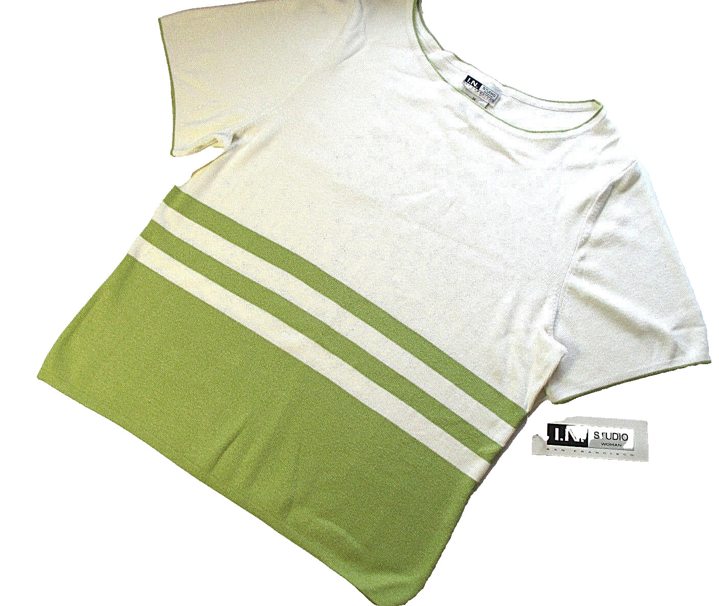 I.N. STUDIO Woman’s Plus 1X Ivory Striped Boatneck Knit Short Sleeve Top NWT