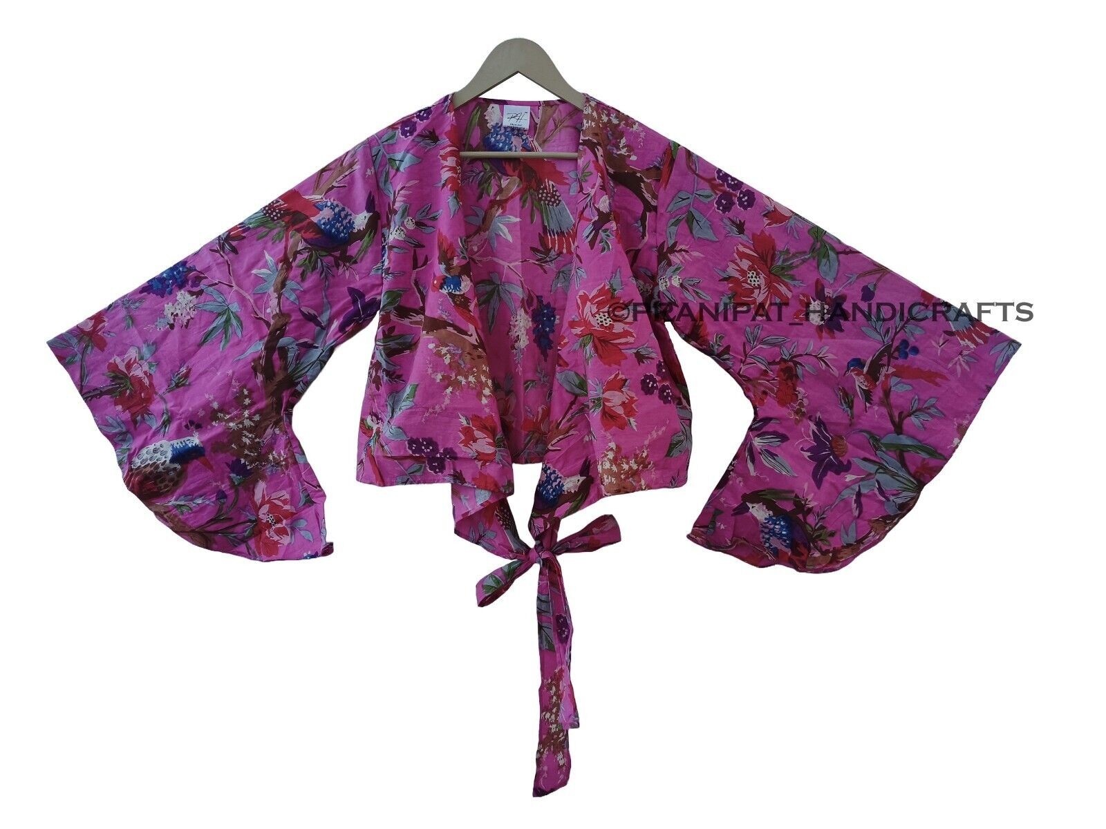 Indian Bird Print Cotton 70′ Retro Bell Sleeves Hippie Pink Women Beach Crop Top