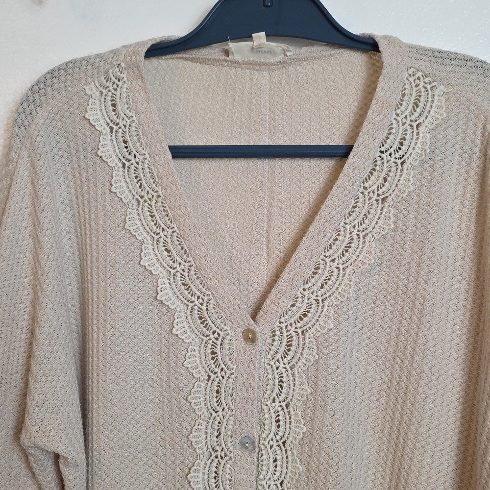 Cream Lace Trim Tie Front Top Small Oversized Waffle Knit Blouse Minimalist