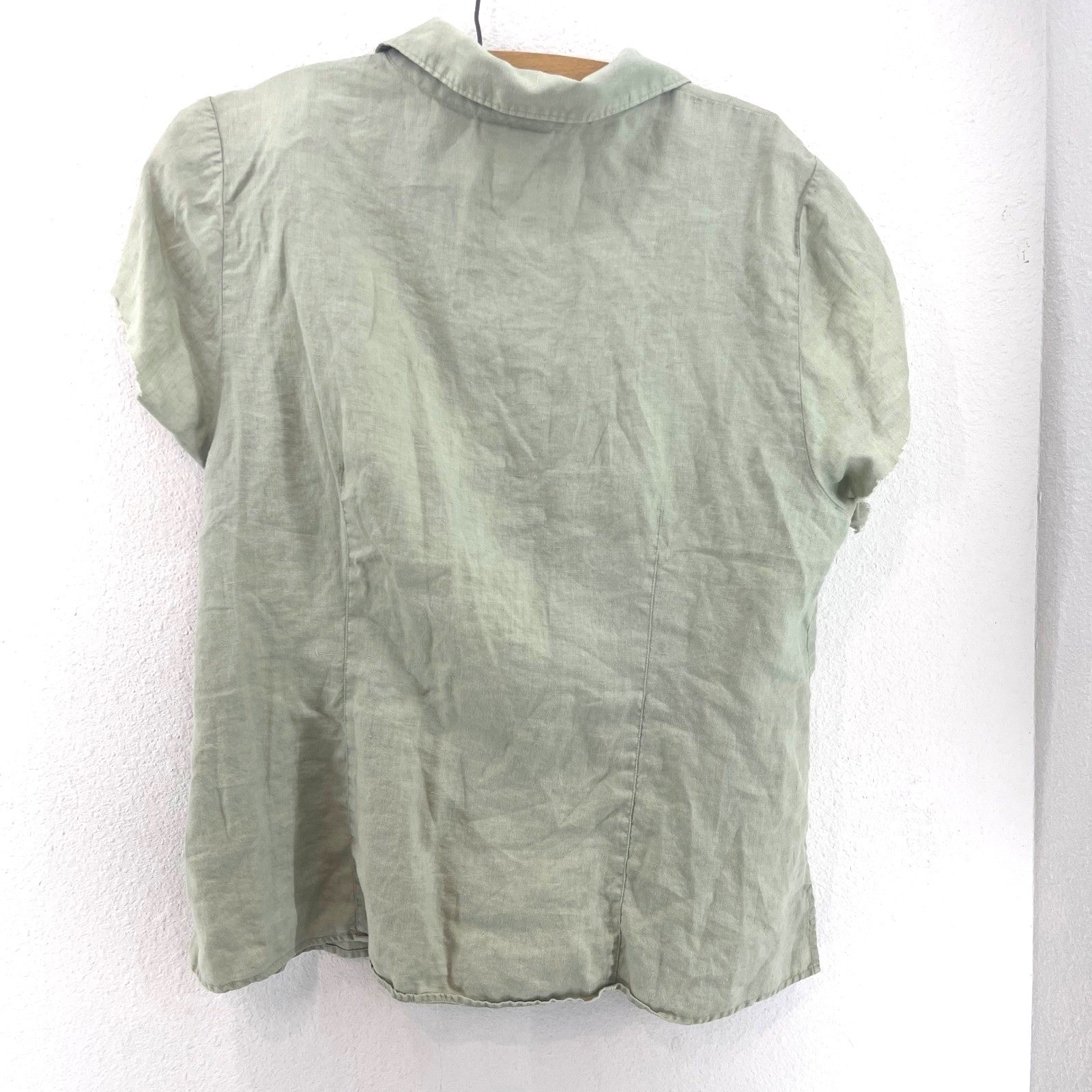 Linen Button Down Shirt Womens XL Green Gorpcore Lagenlook Granola Modest Boho