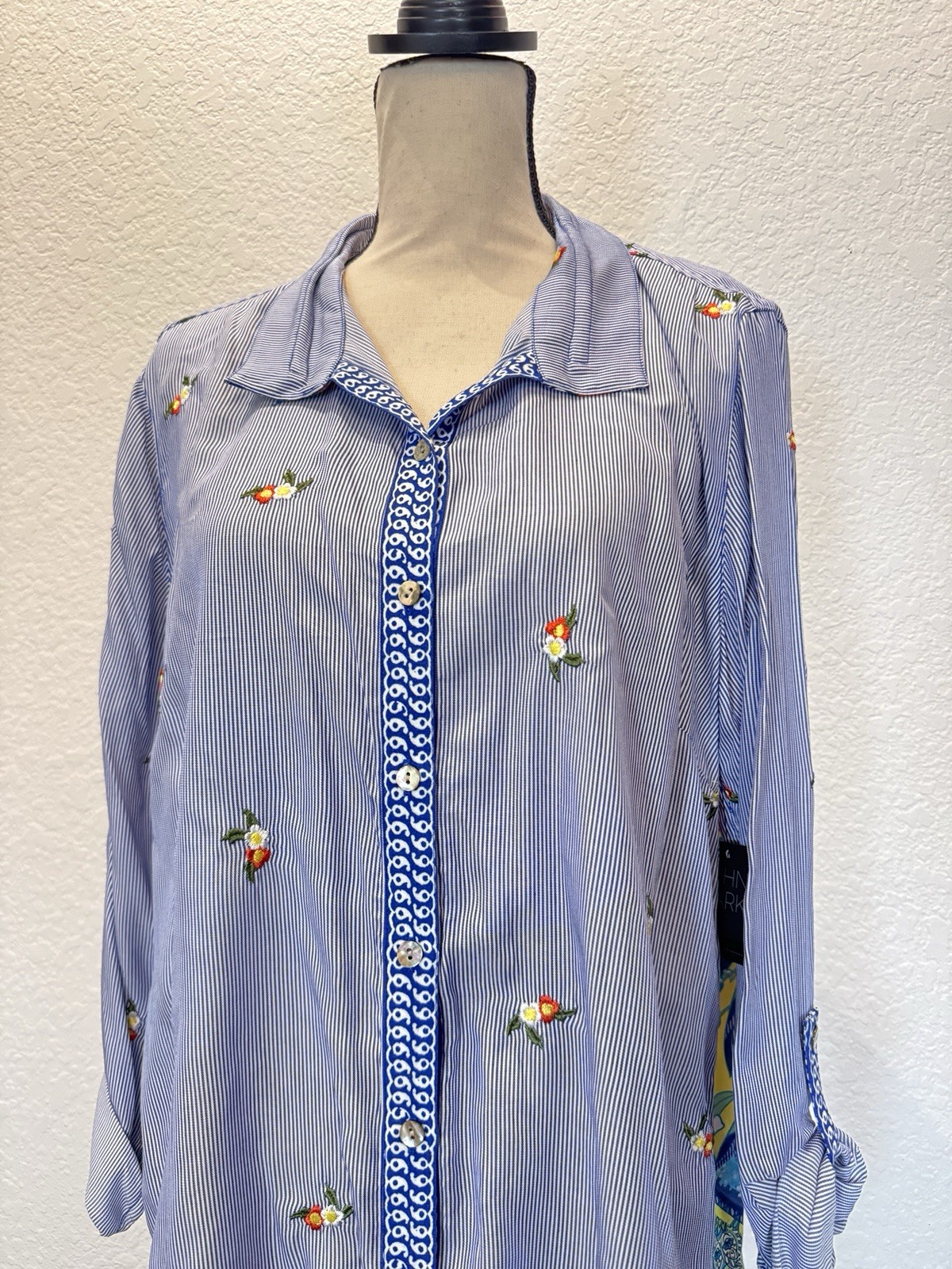 John Mark L Floral Embroidered Tunic Multicolor Roll-Tab Sleeve Blue Striped NWT