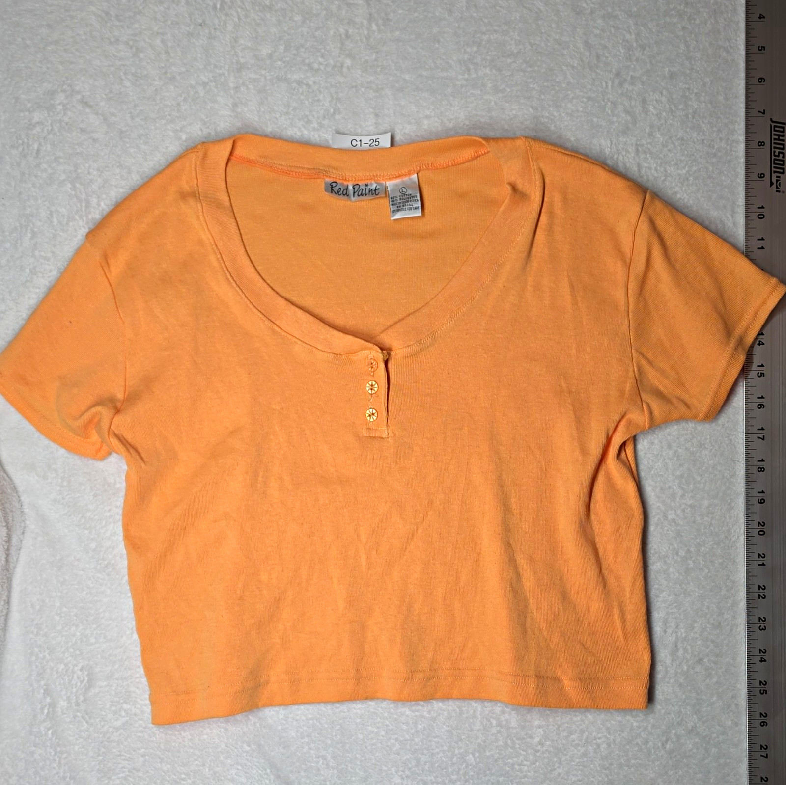 Red Paint Orange Solid Knit V-Neck Short Sleeve Button Henley T-Shirt Women’s L.