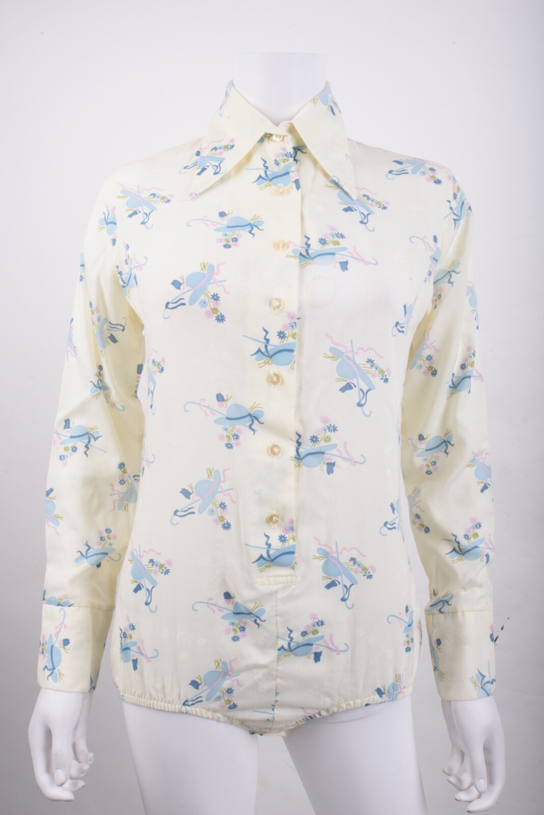 Vintage Lily of France Womens Bodysuit Shirt Sz S Spread Collar Hat Floral