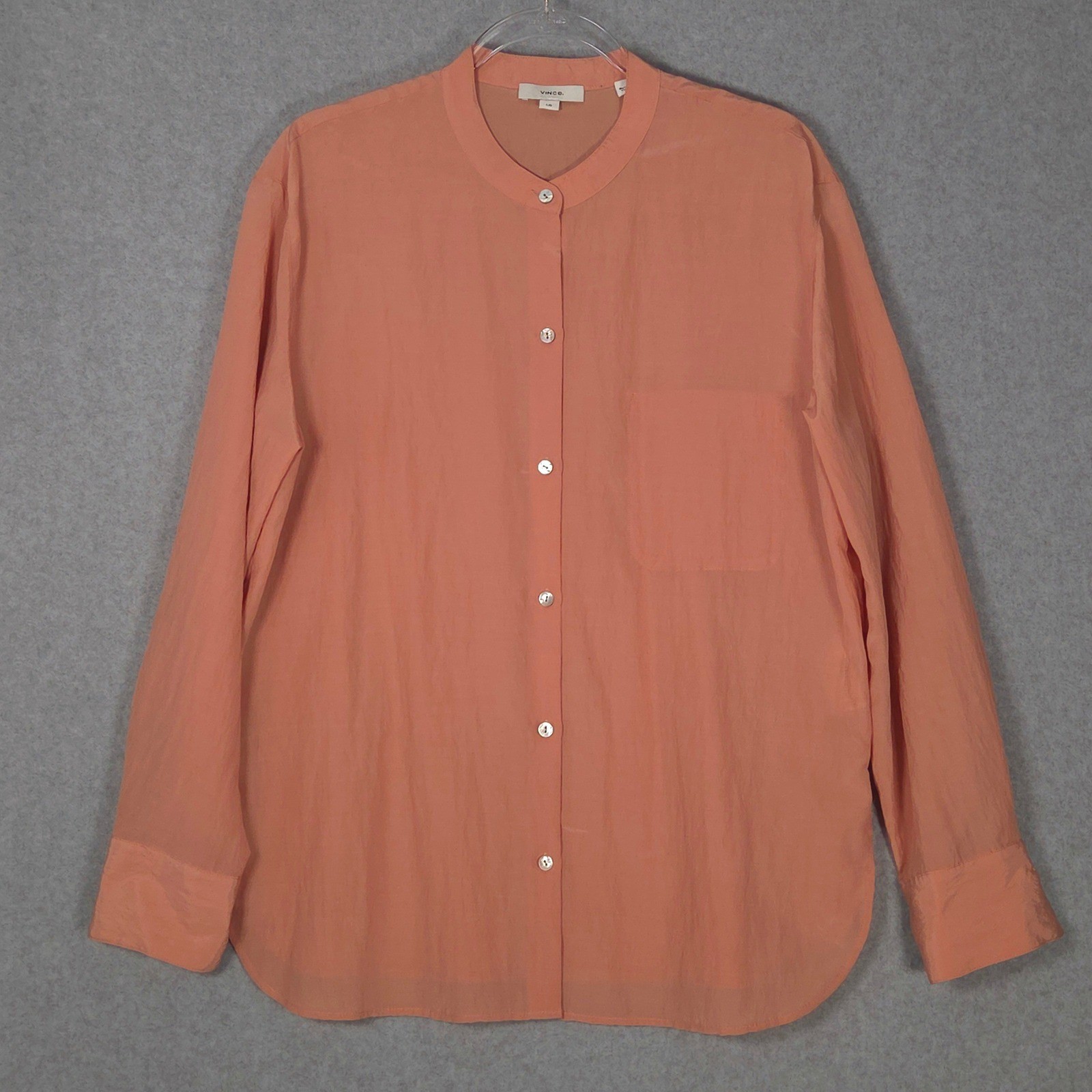 Vince Womens Large Relaxed Band Collar Button Down Blouse Orange Cupro Blend