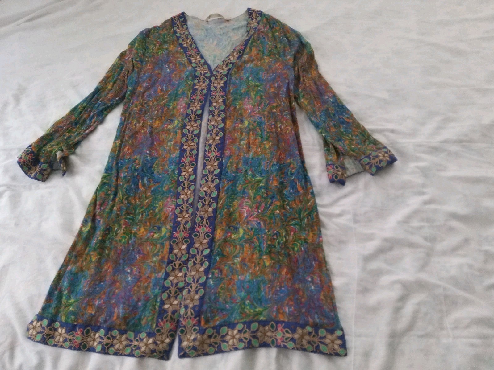 Soft Surroundings Floral Embroidered Kimono Cardigan Boho Open Front Side Slit L