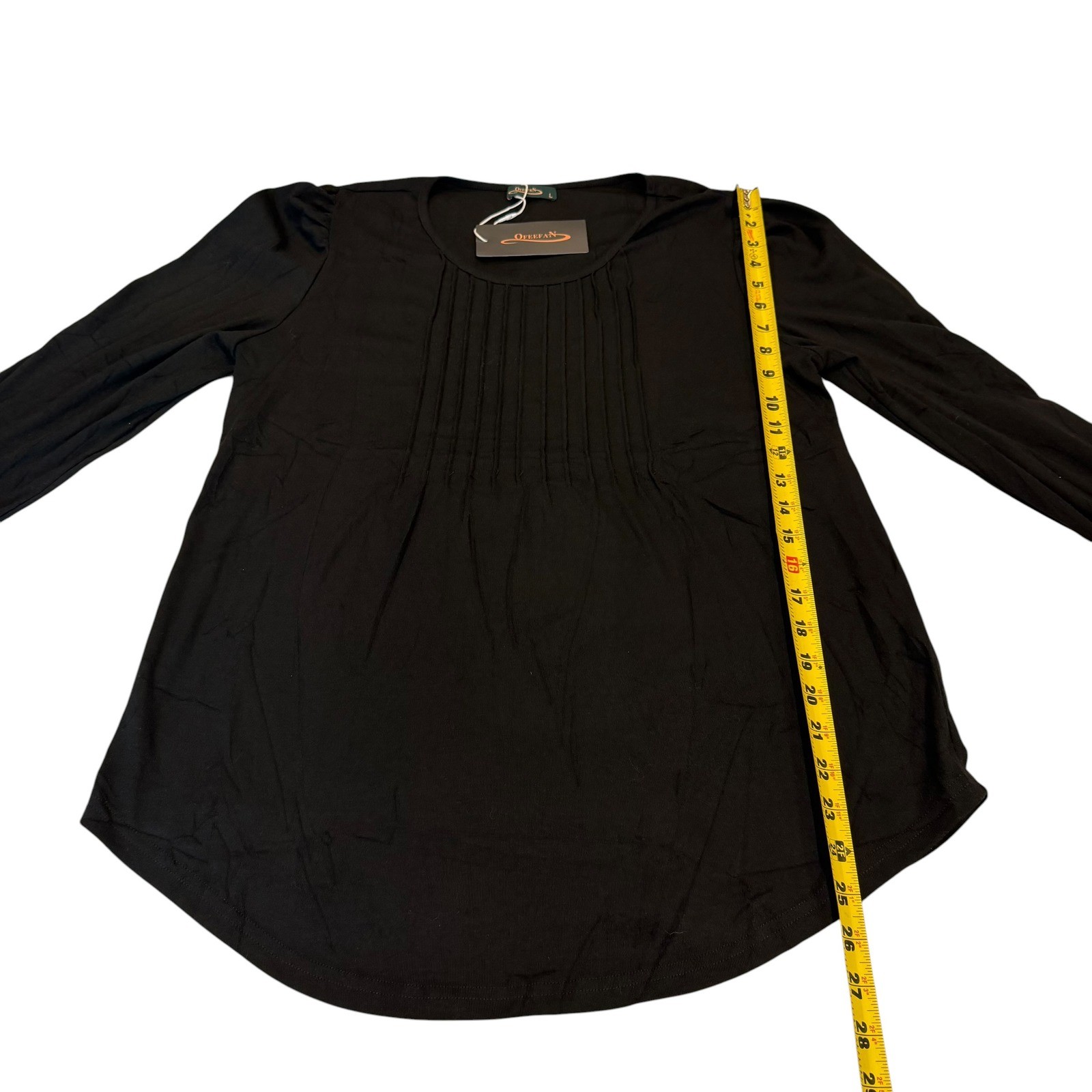 Ofeefan Black Pintuck Pleated Long Sleeve Blouse Curved Hem Crew Neck Top Large