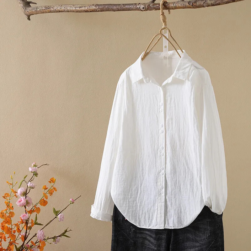 100% Cotton Yarn Solid Shirts & Blouses Large Size Tops Base Shirts Office Wear
