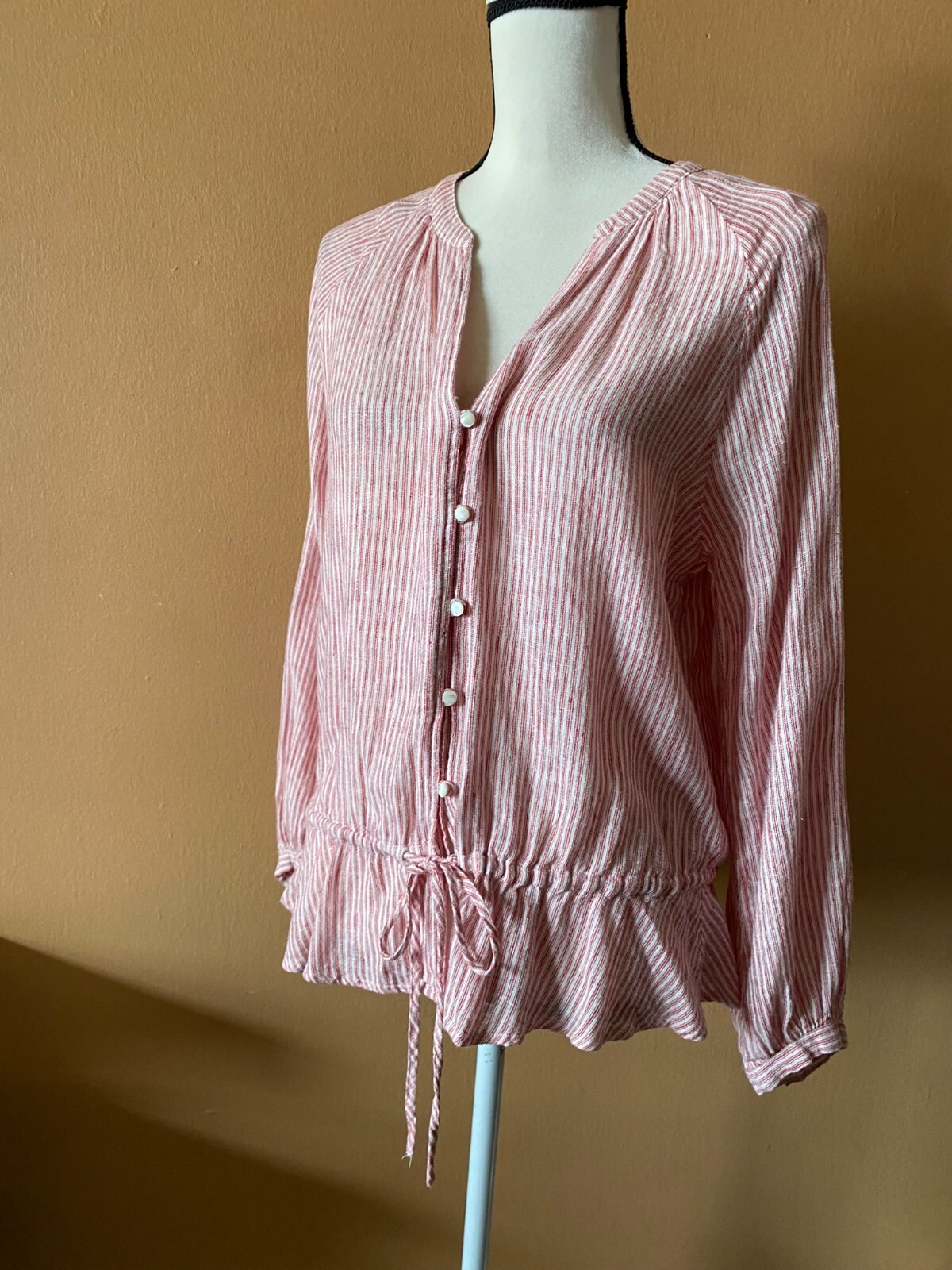 Rails Marti Scarlet Red Stripe Linen Blend Cinched Waist Shirt Top Size Medium