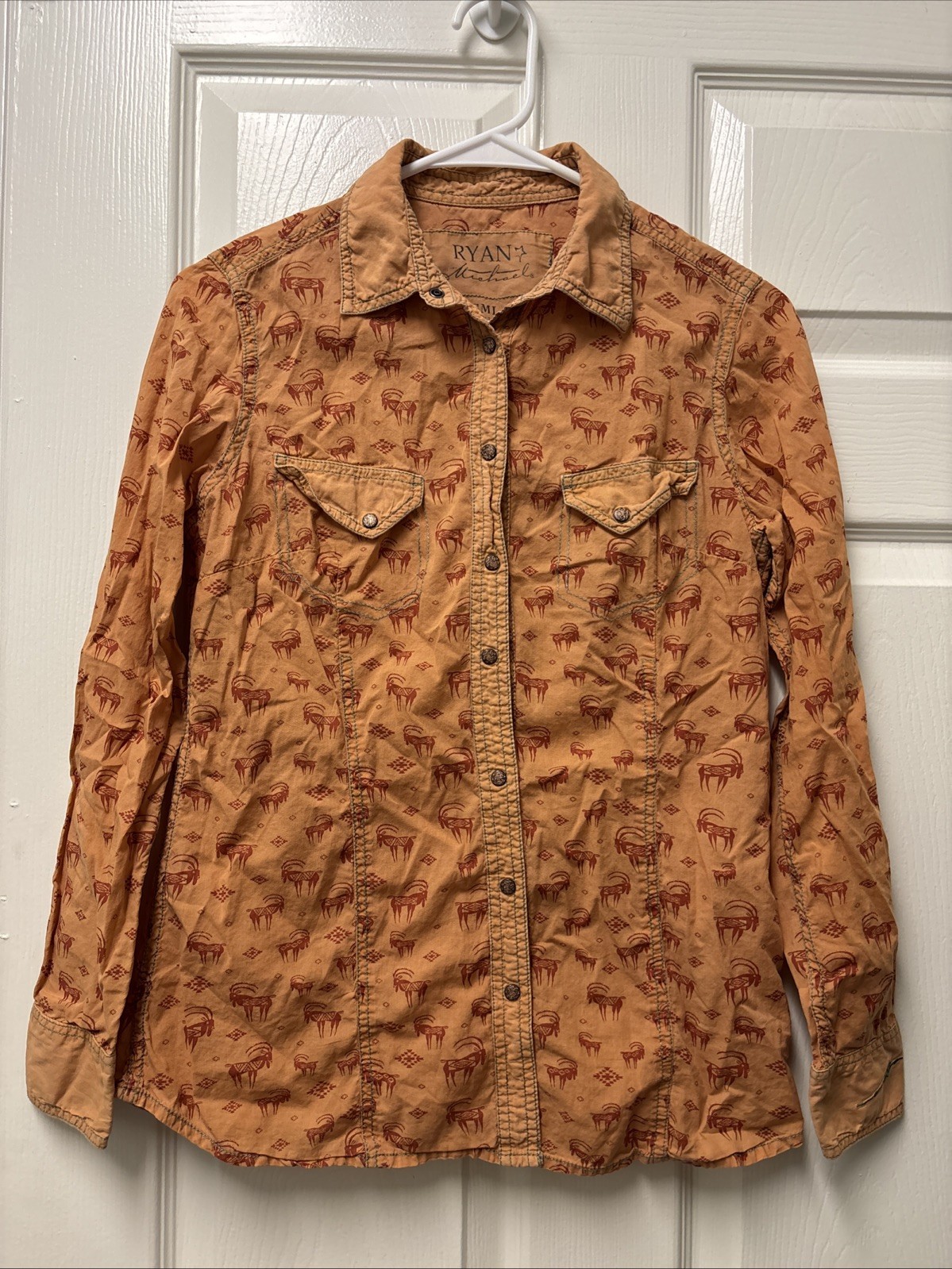 Ryan Michael Western Pearl Snap Shirt Top Women’s Orange Aztec Rodeo Cowgirl S