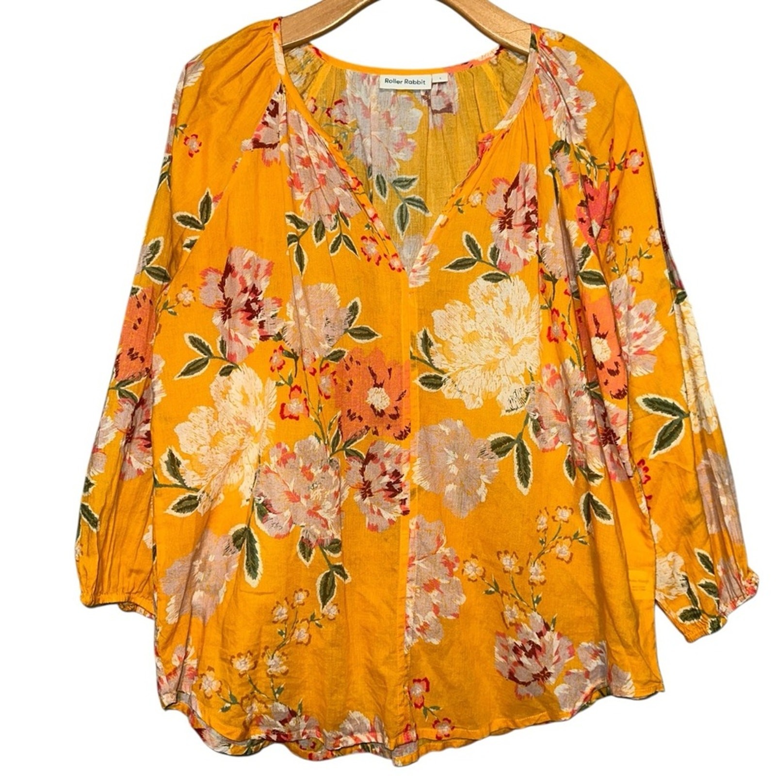Roller Rabbit Women’s Size L Yellow Floral V-Neck Peasant Blouse Top Shirt