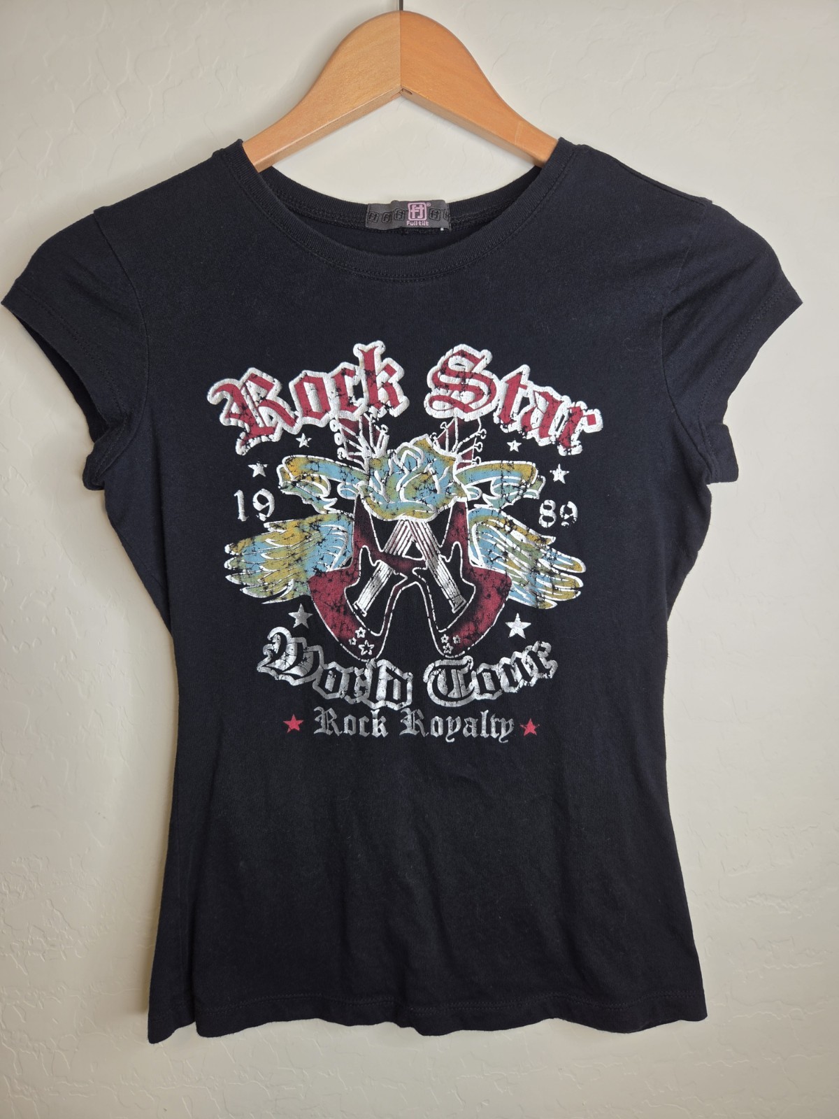 Full Tilt Women Black Small? Tshirt Rock Star Graphic Angel Wings Rose Baby Y2K