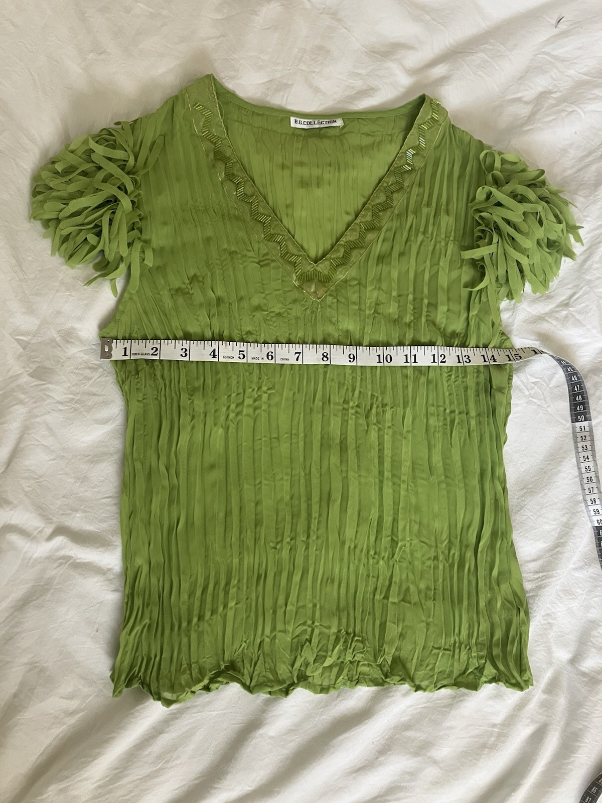 B. G. Collection Beaded Fringe Crinkled Top Size S Peter Pan Boho Whimsy Y2K